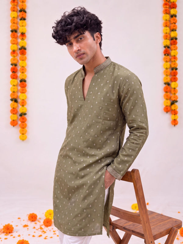 Olive Zari Work – Textured Designer Long Kurta