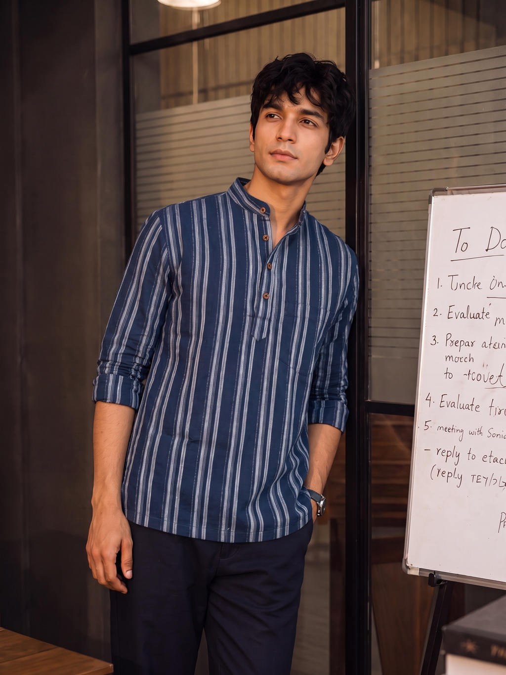 Navy Stripes – Men's Cotton Short Kurta