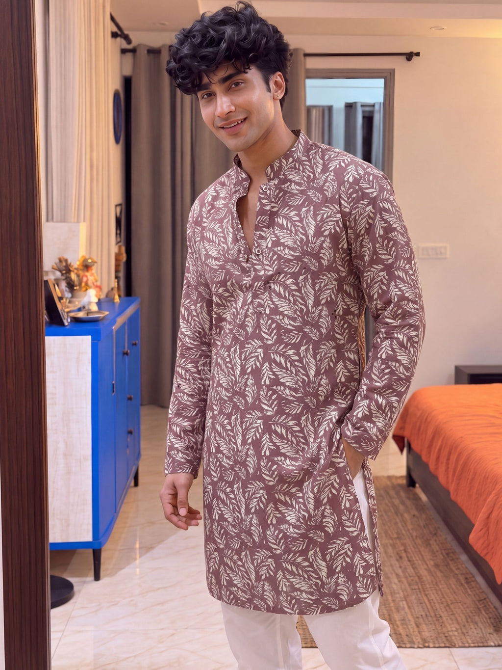 Dusty Rose Leaf Print – Cotton Printed Long Kurta