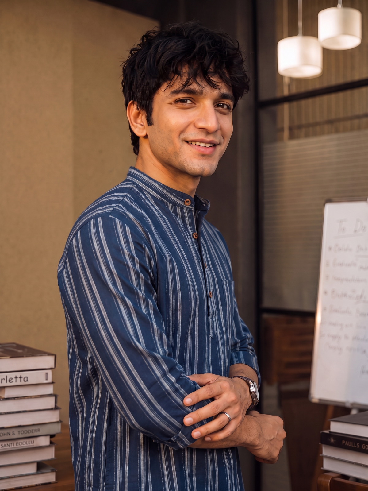 Navy Stripes – Men's Cotton Short Kurta