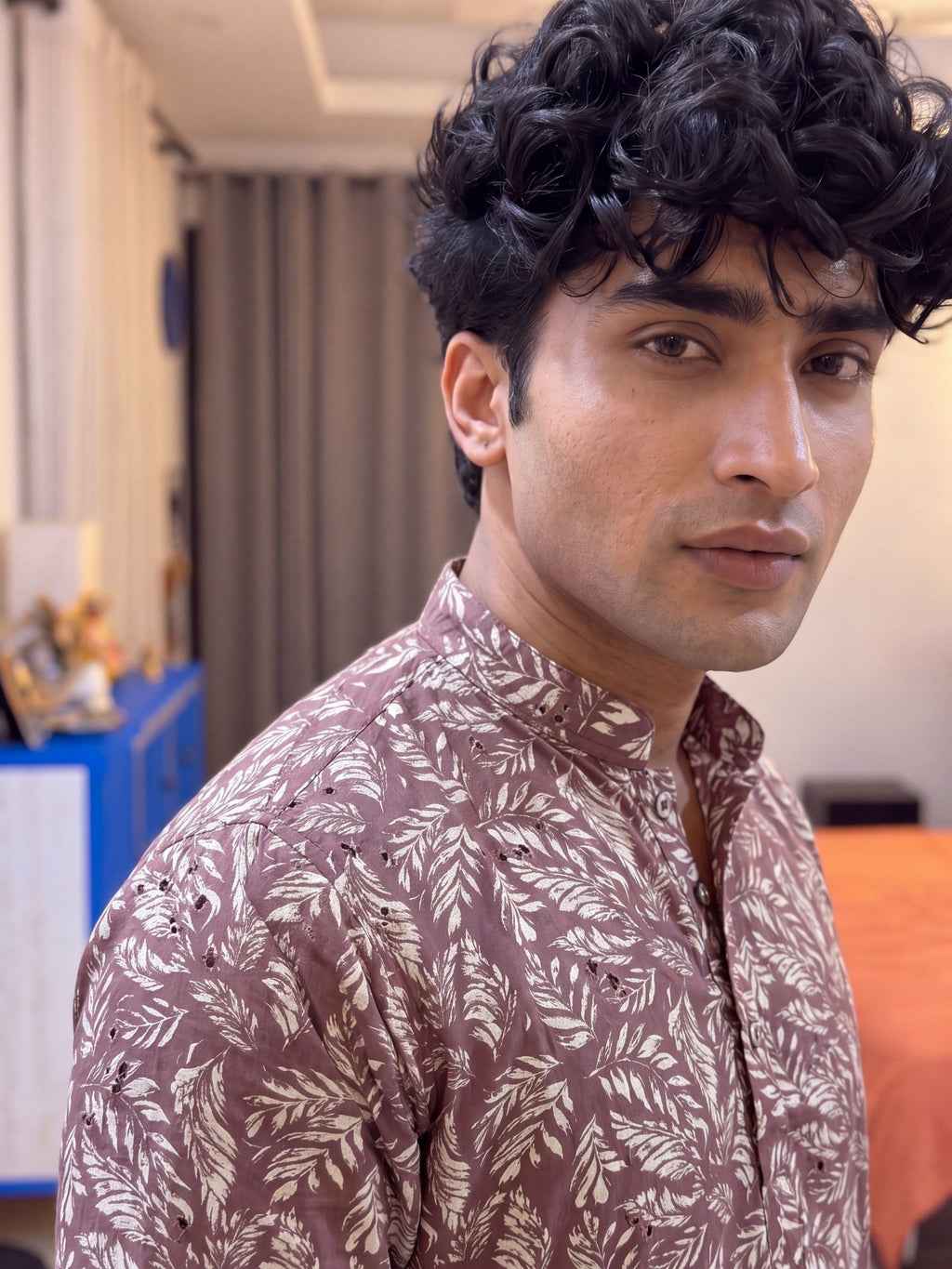 Dusty Rose Leaf Print – Cotton Printed Long Kurta