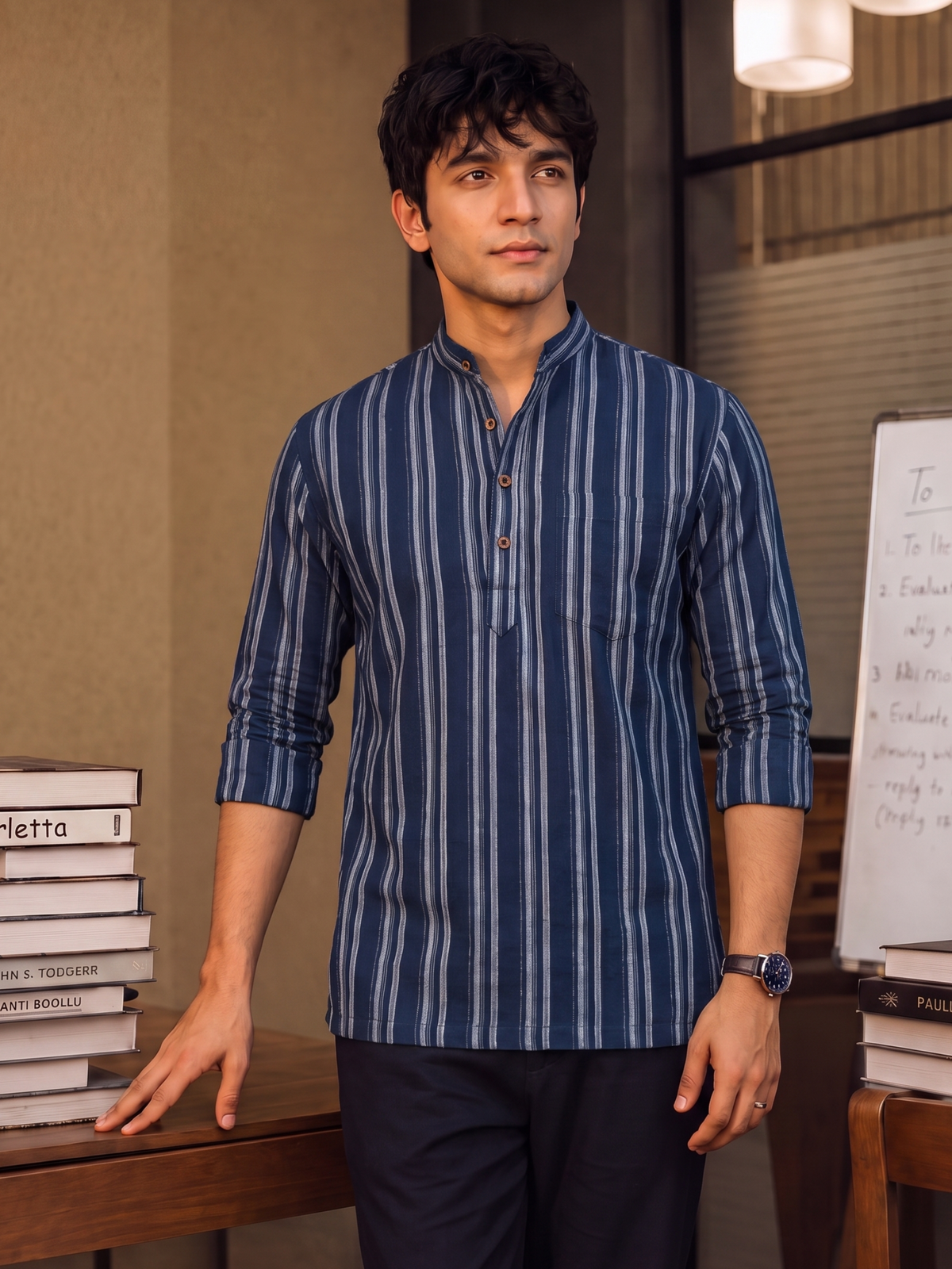 Navy Stripes – Men's Cotton Short Kurta