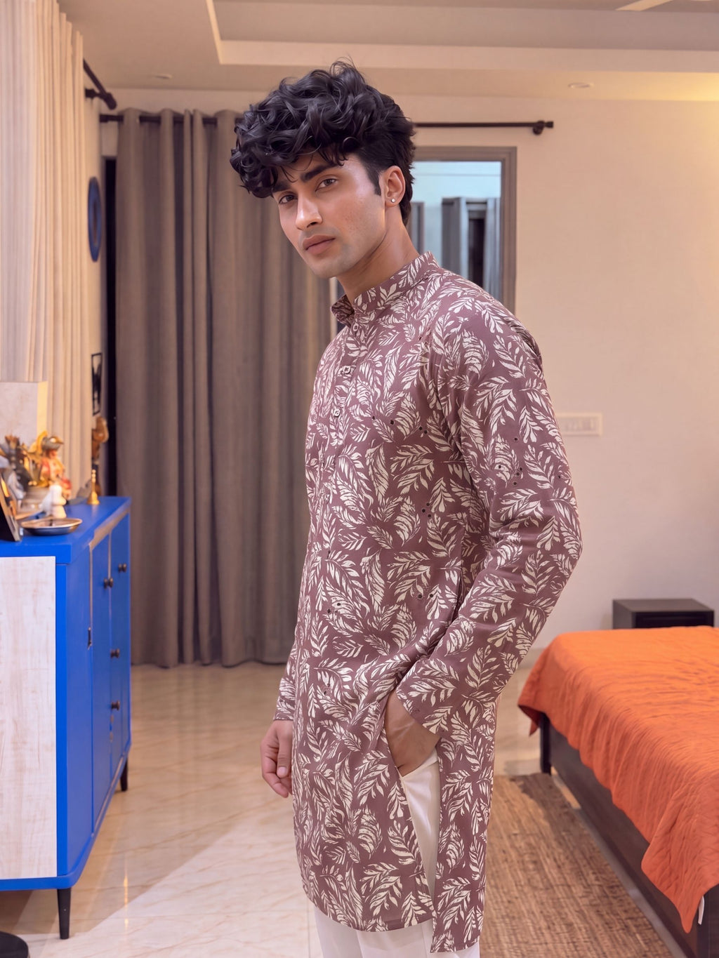 Dusty Rose Leaf Print – Cotton Printed Long Kurta