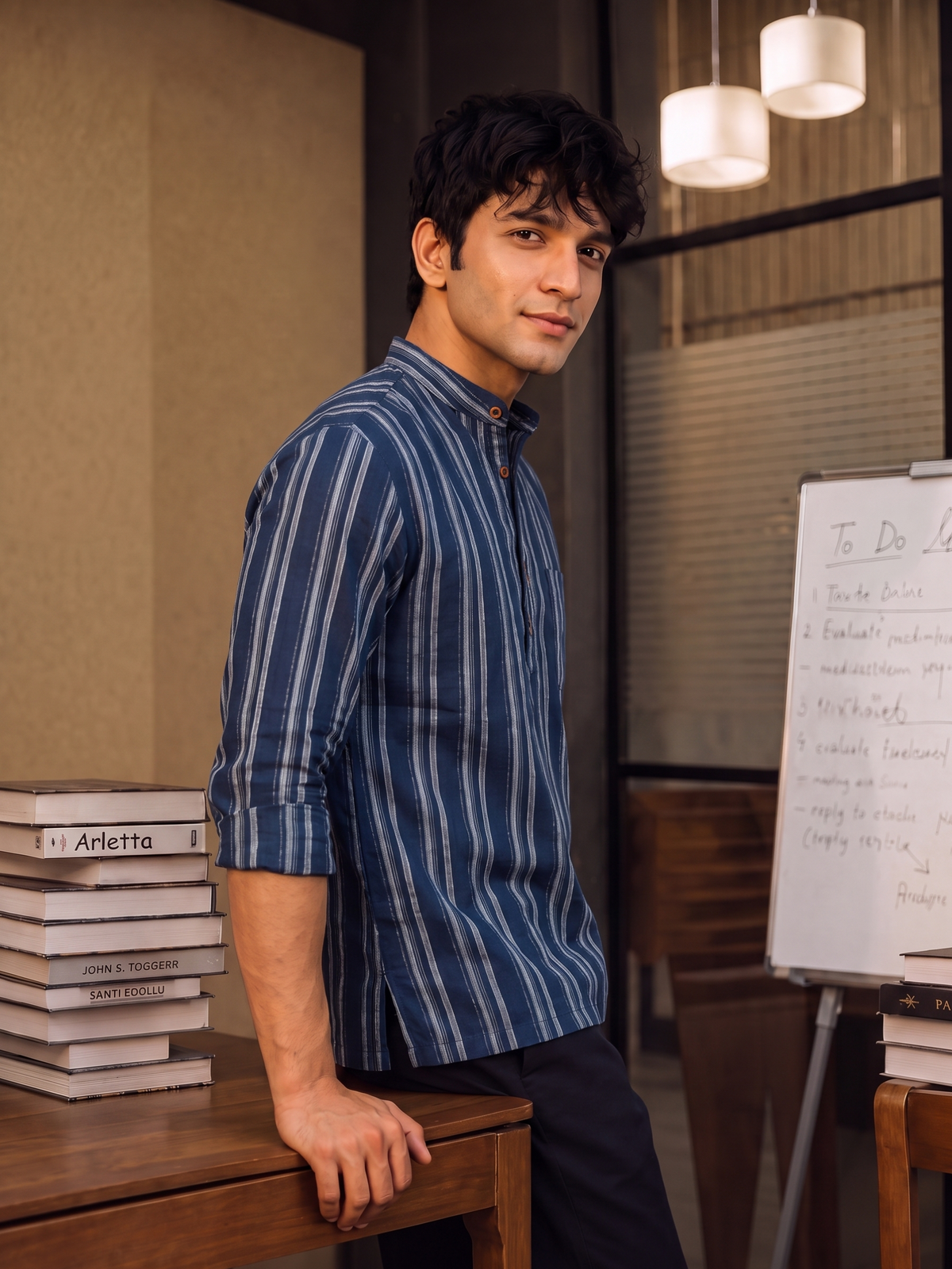 Navy Stripes – Men's Cotton Short Kurta