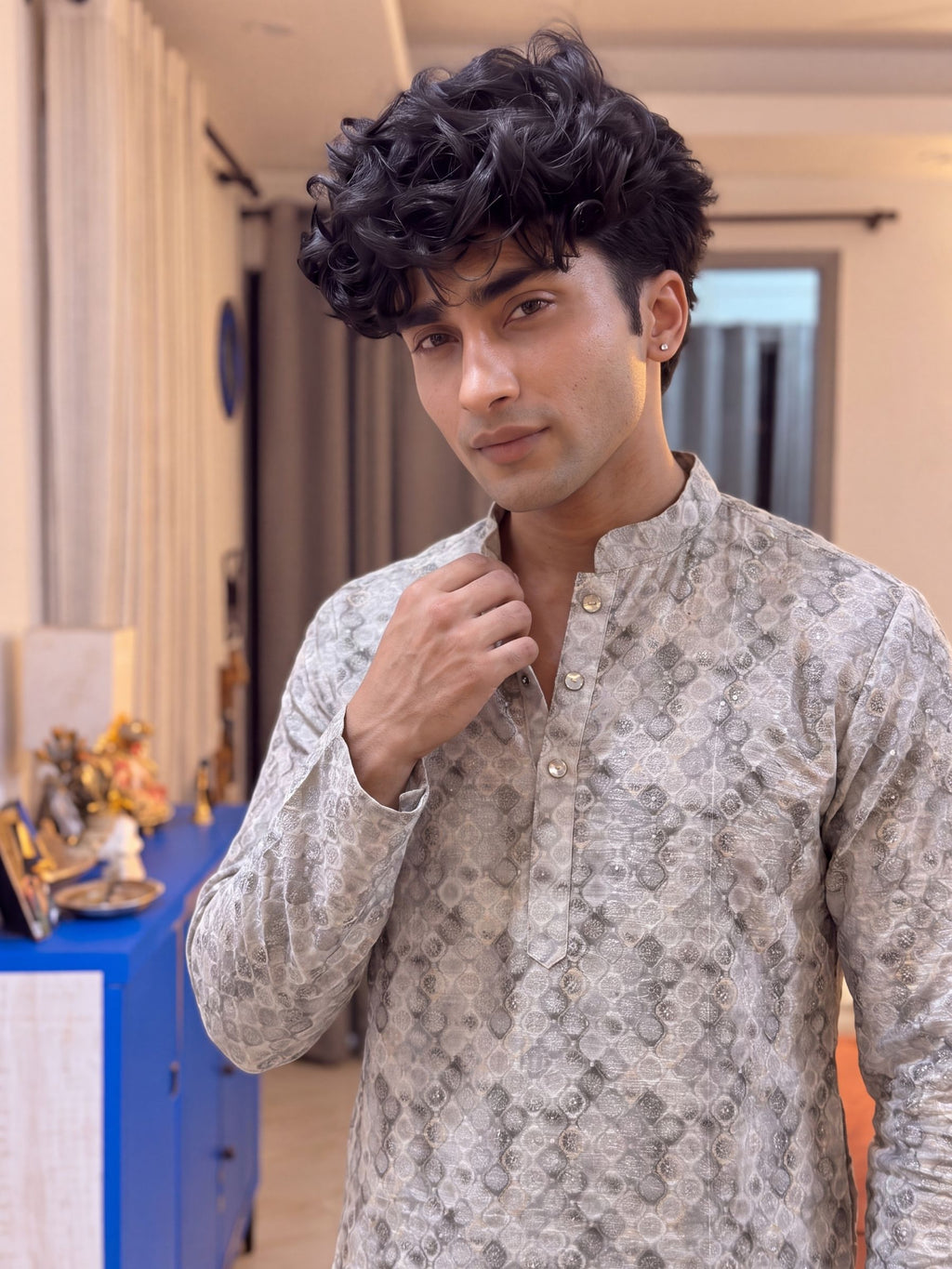 Grey Geometric – Textured Printed Long Kurta