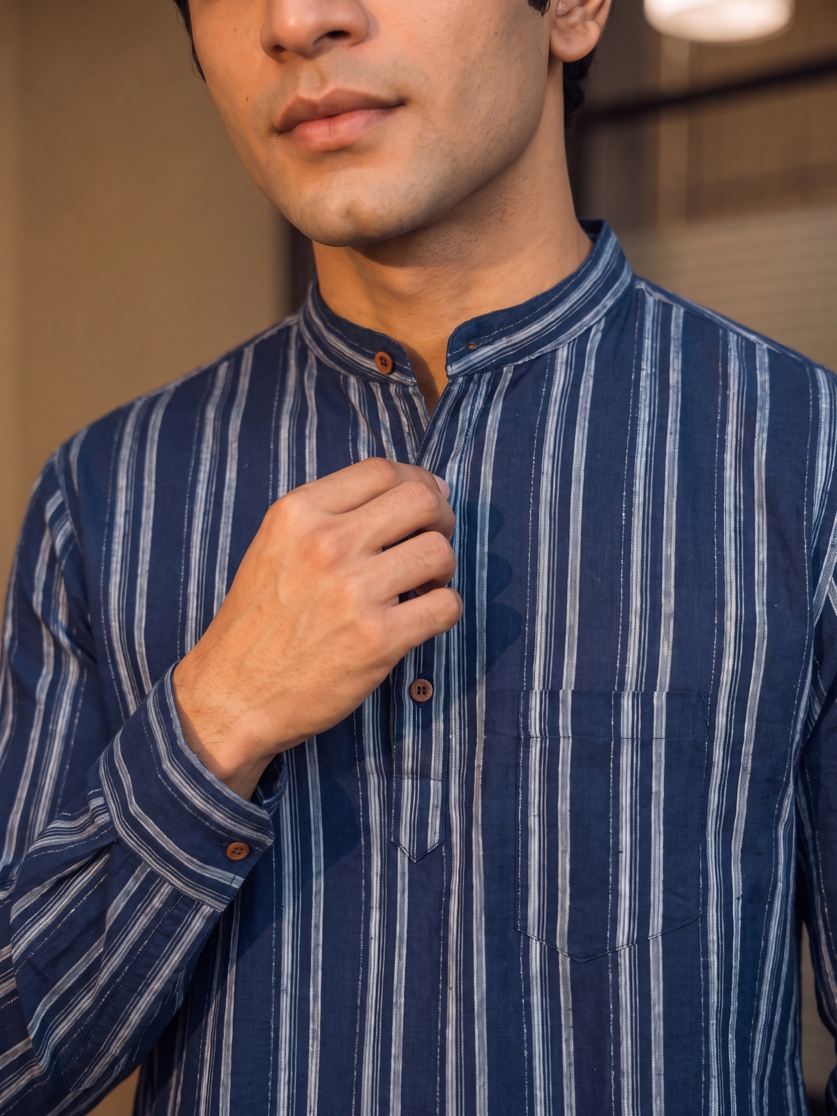 Navy Stripes – Men's Cotton Short Kurta