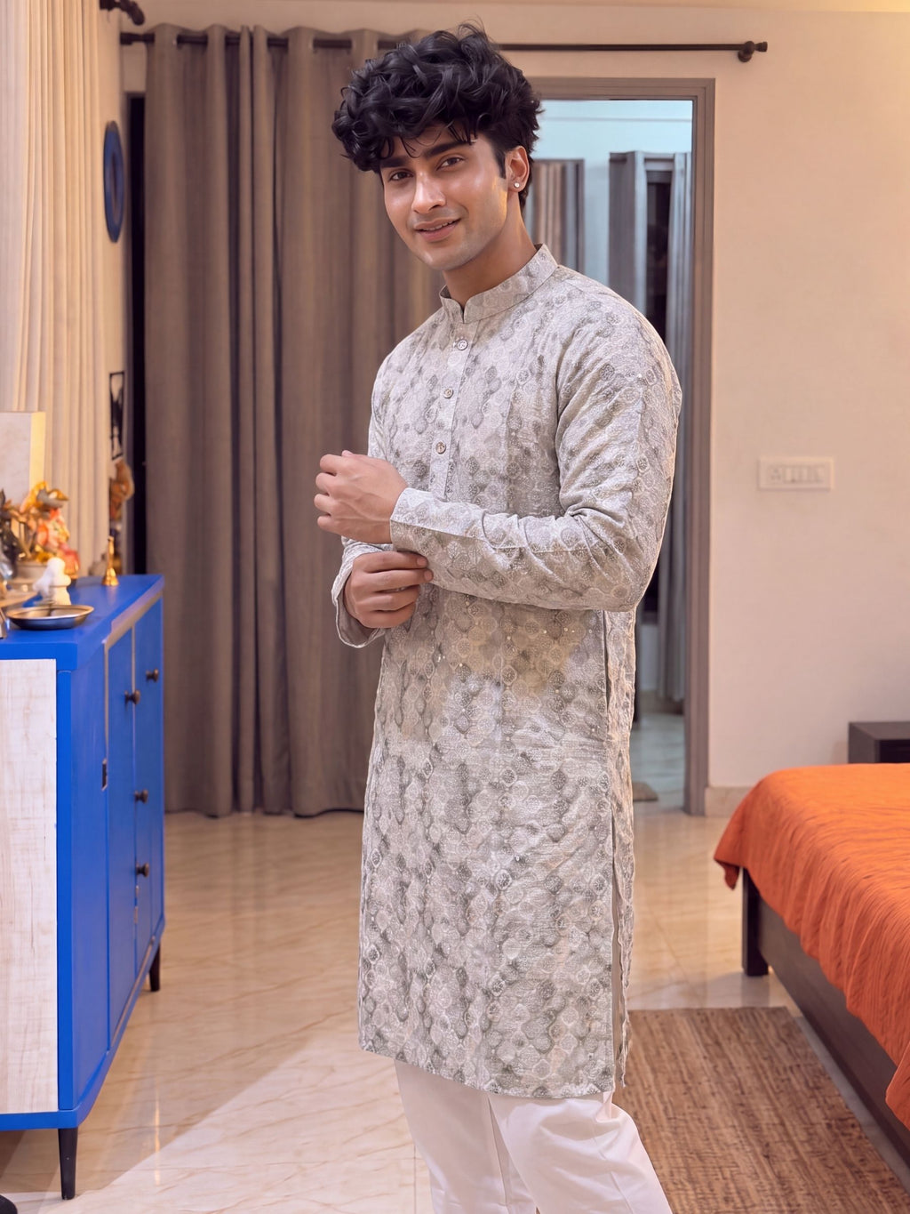 Grey Geometric – Textured Printed Long Kurta