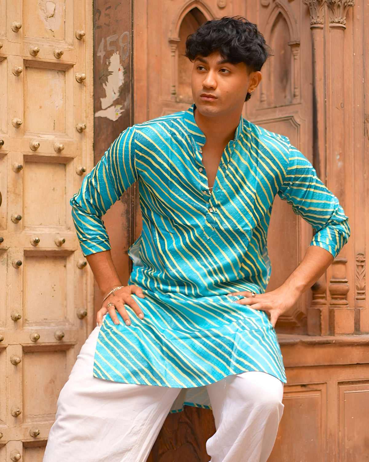 Turquoise Leheriya Men's Long Kurta with Zari Work