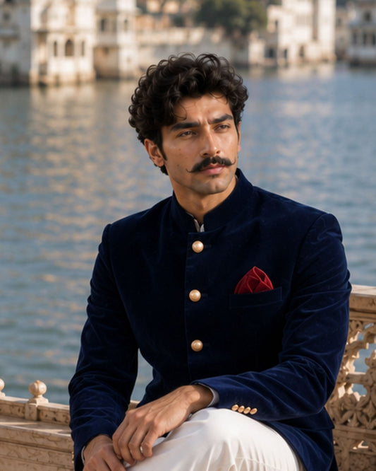 Velvet Jodhpuri Bandhgala- Blue 1800