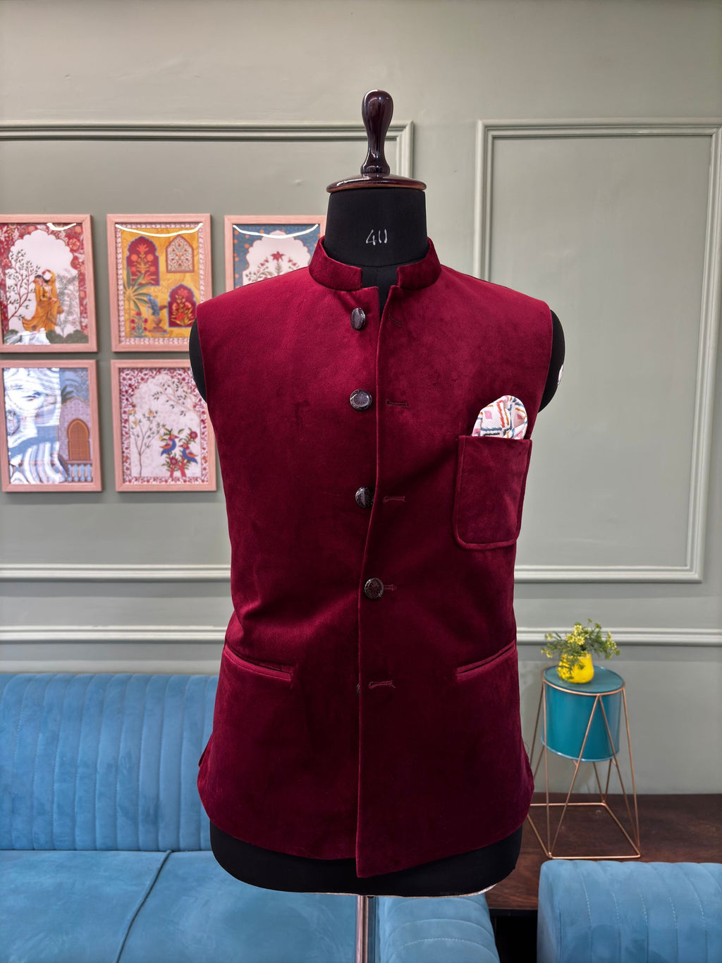 Stylish Velvet Nheru Jacket - Maroon