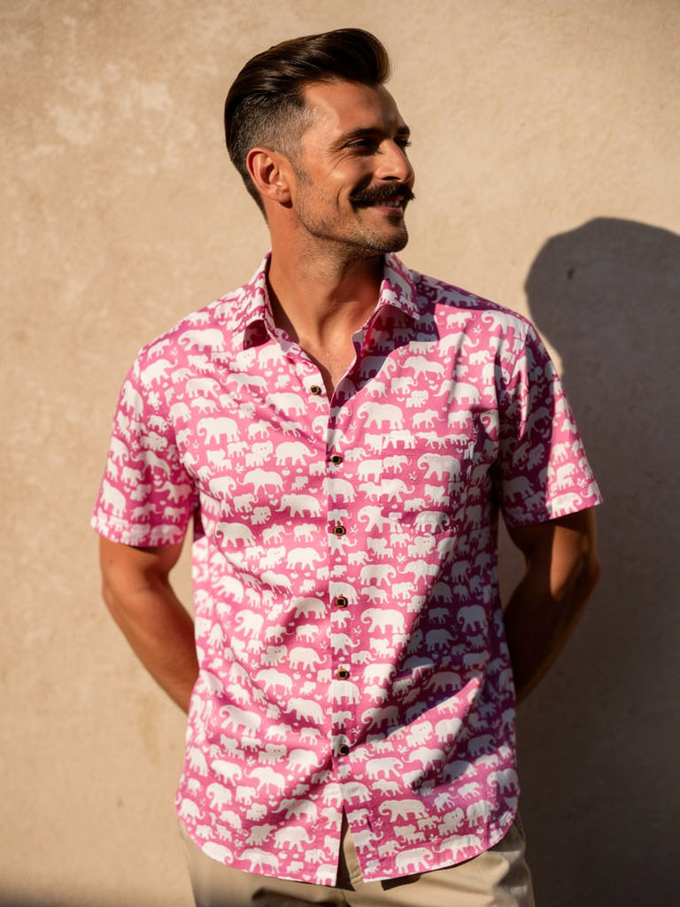 Playful Elephants – Cotton Half Sleeve Shirt in Pink