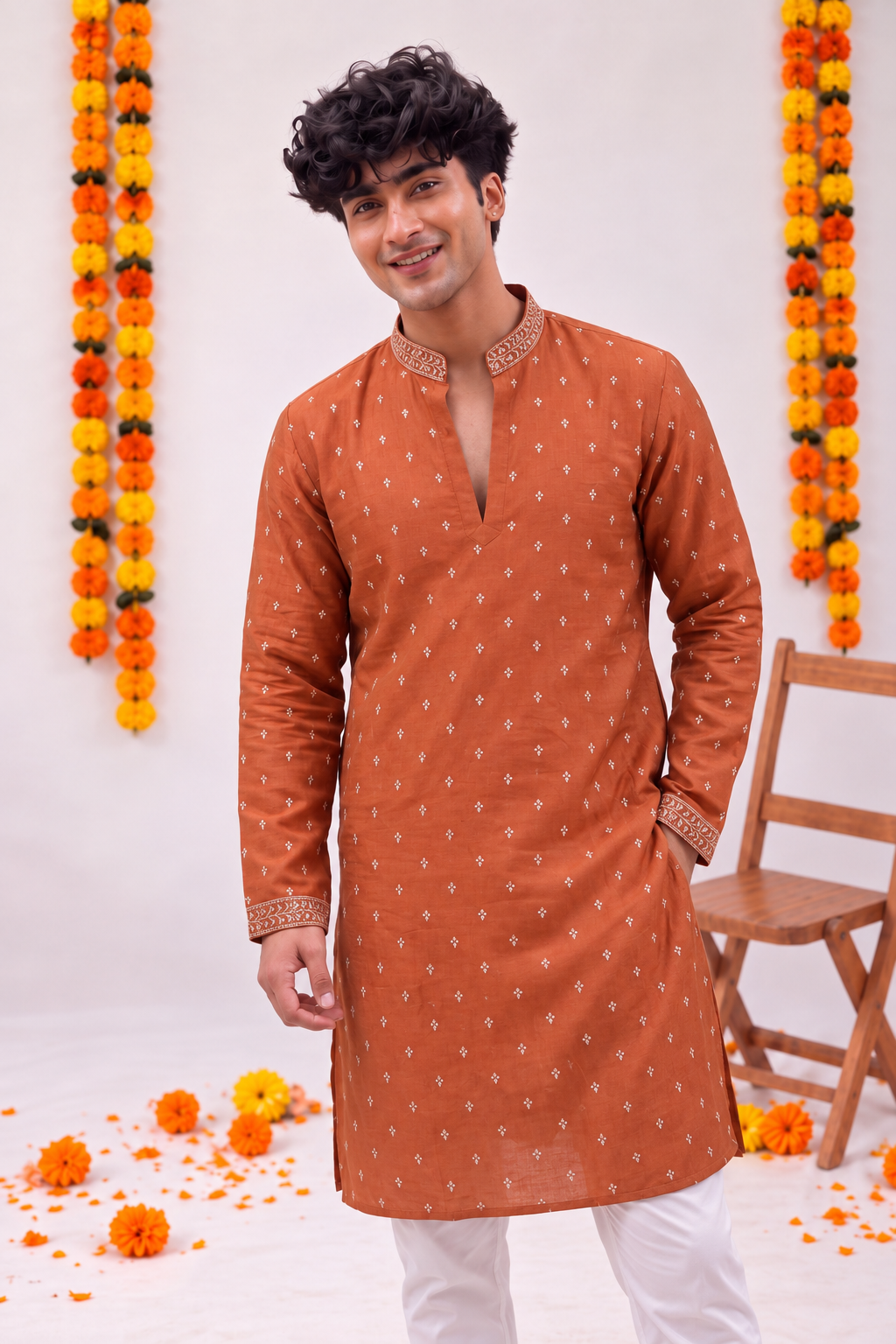 Rust Floral Jaal – Zari Work Designer Long Kurta