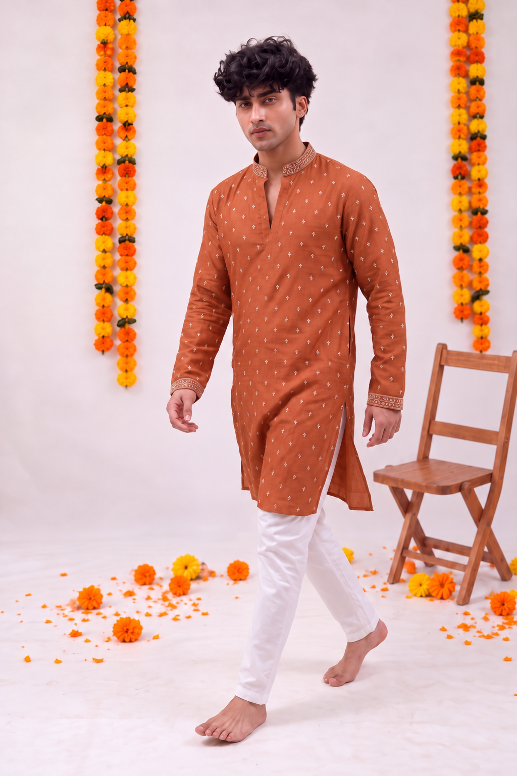 Rust Floral Jaal – Zari Work Designer Long Kurta