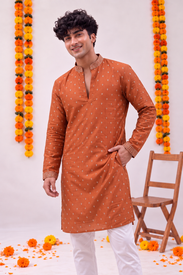 Rust Floral Jaal – Zari Work Designer Long Kurta