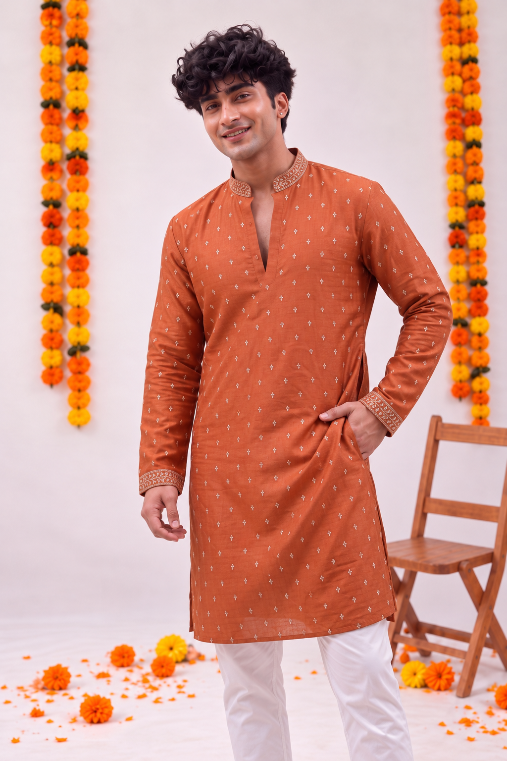 Rust Floral Jaal – Zari Work Designer Long Kurta