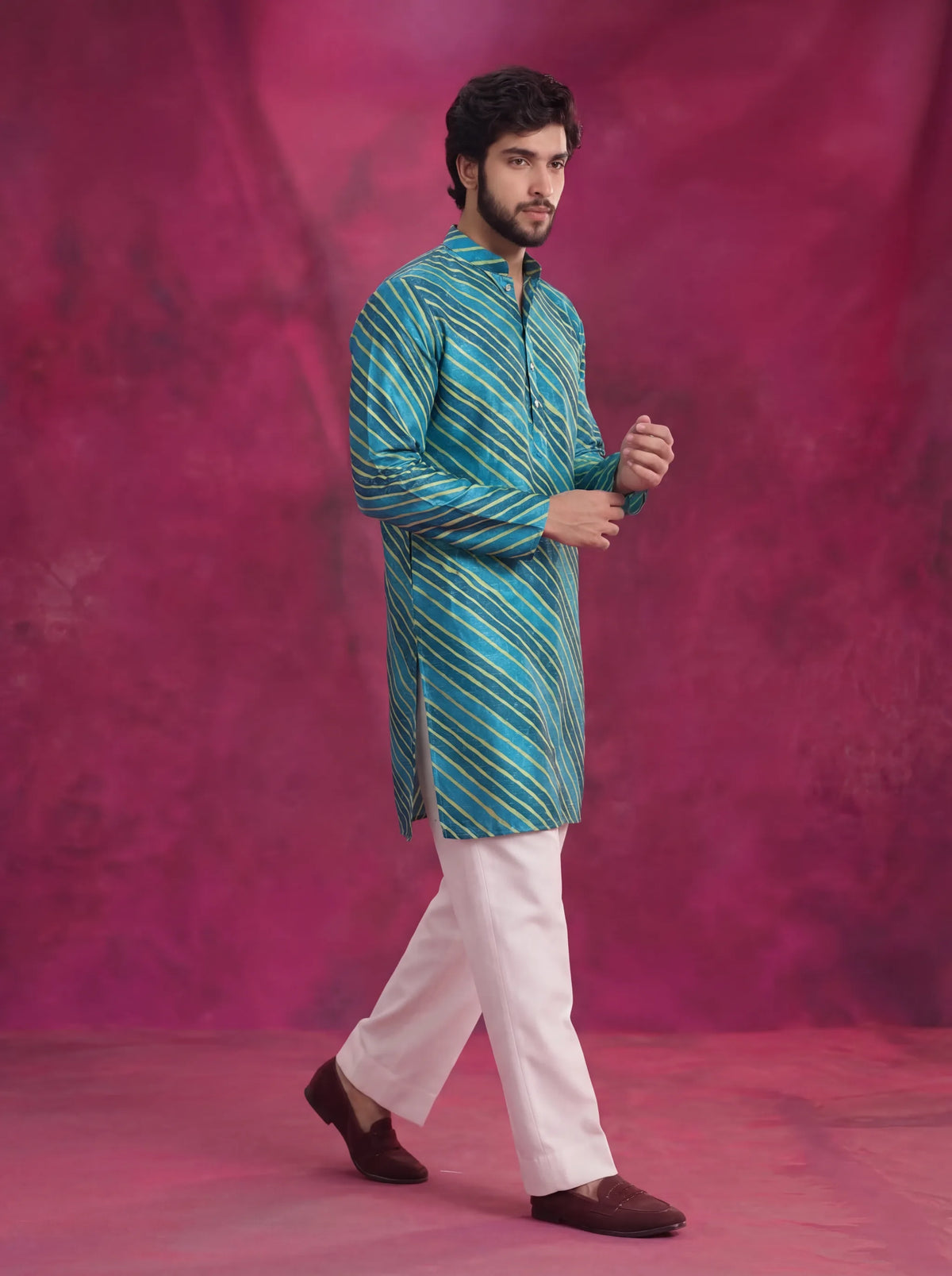 Turquoise Leheriya Men's Long Kurta with Zari Work