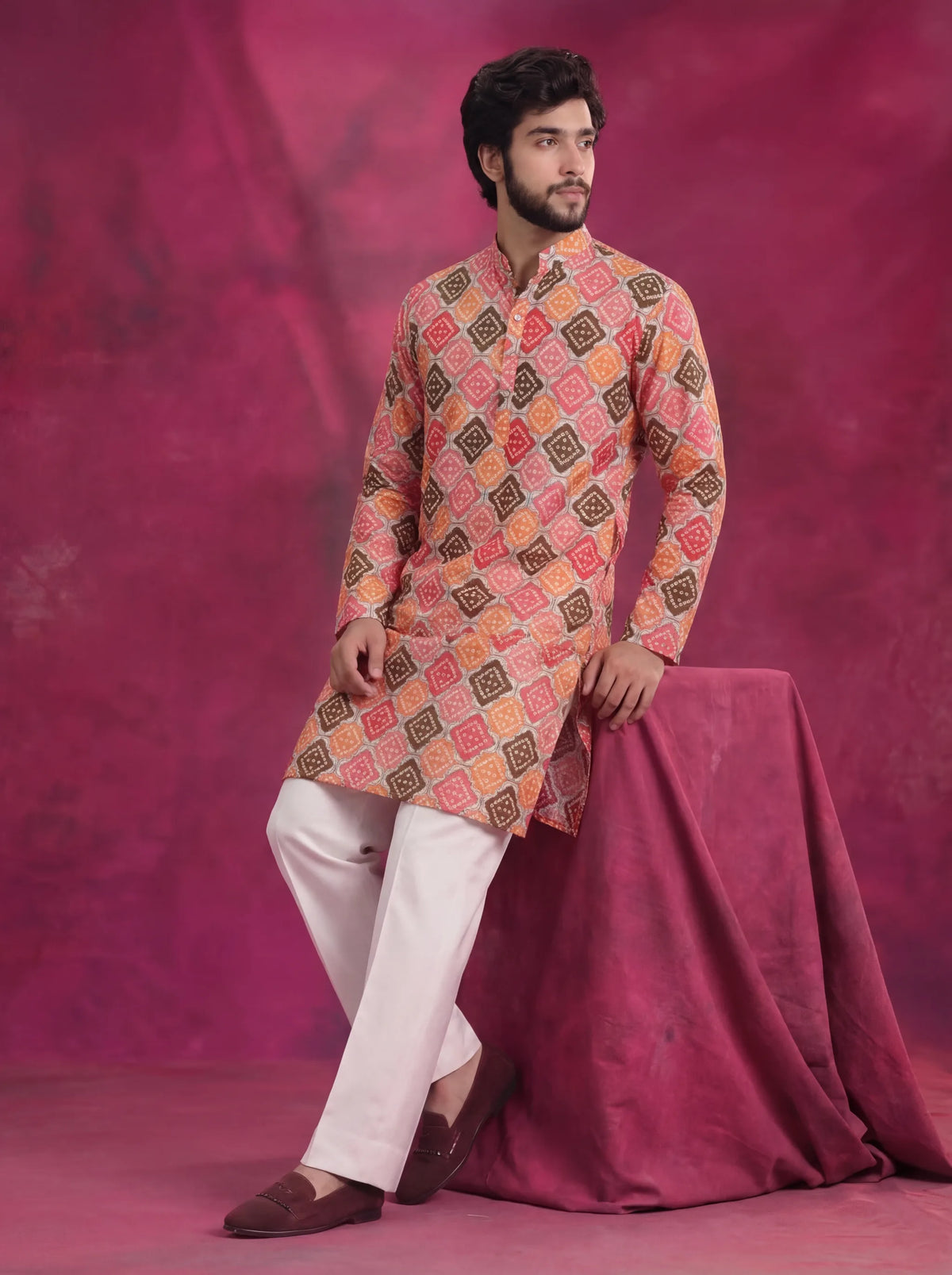 Bandhani Men's Long Kurta with Zari Work