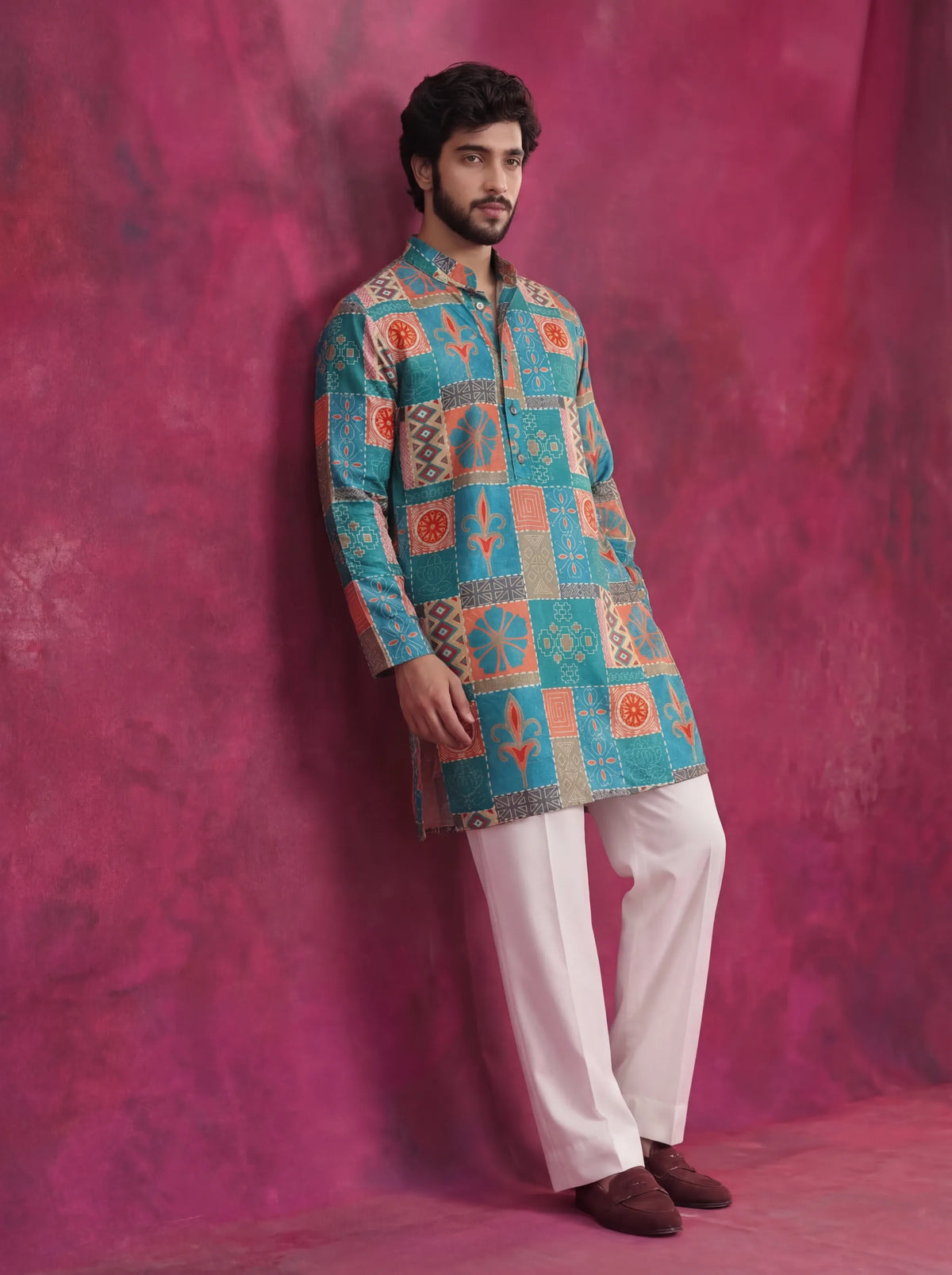 Turquoise Patchwork Men's Long Kurta with Zari Work