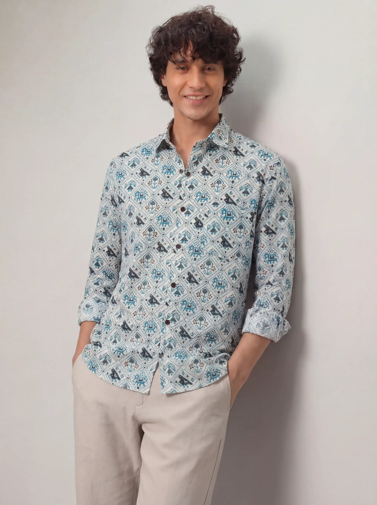 Elephant Dance – Printed Cotton Full Sleeve in Blue & Cream
