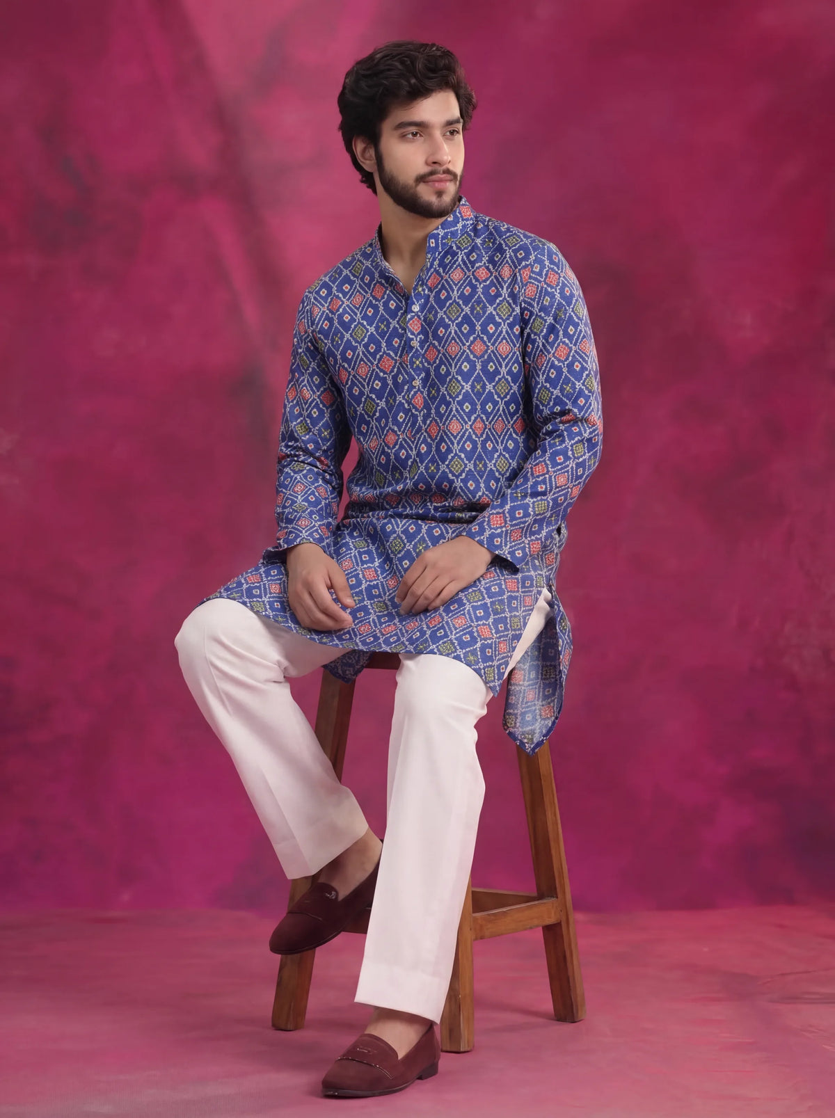 Royal Ikat – Blue Heritage Printed Long Kurta with Zari Work