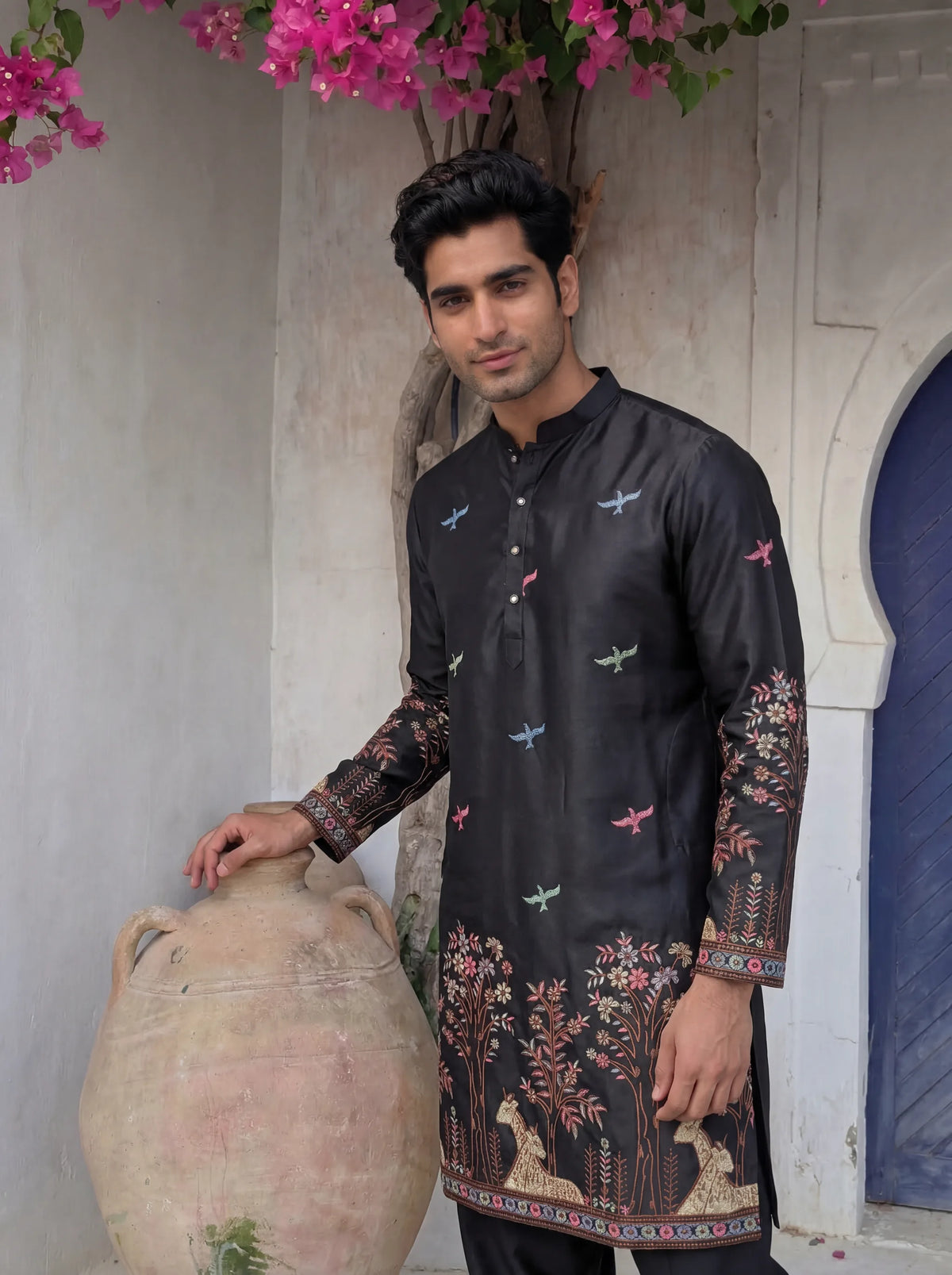 Men’s Heavy Designer Long Kurta – Black Satin Embroidered