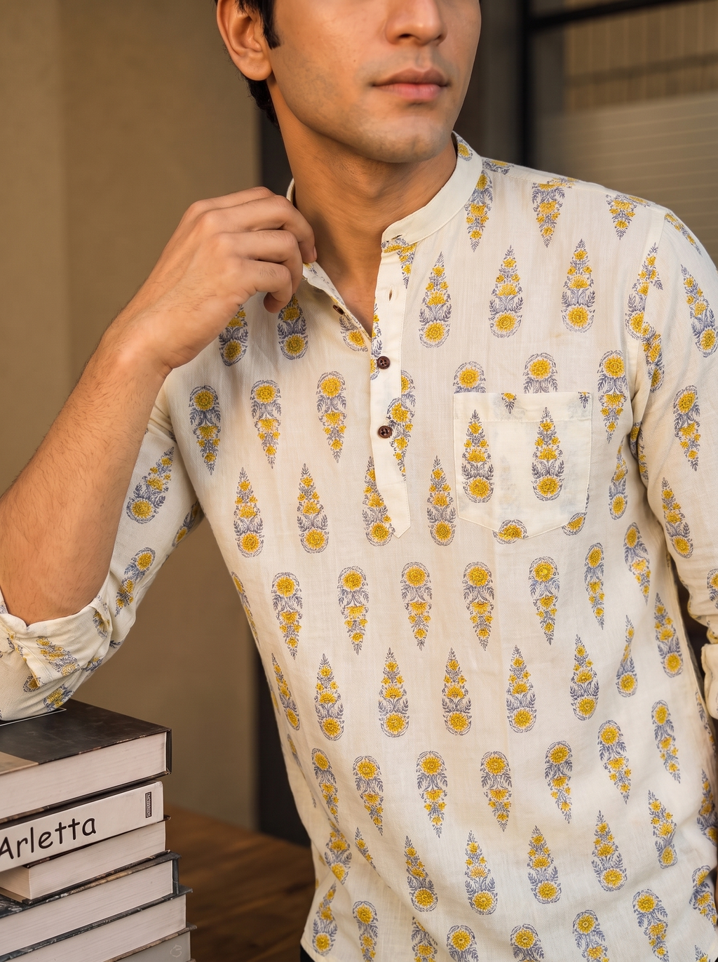 Elegant Yellow Bloom – Printed Cotton Short Kurta