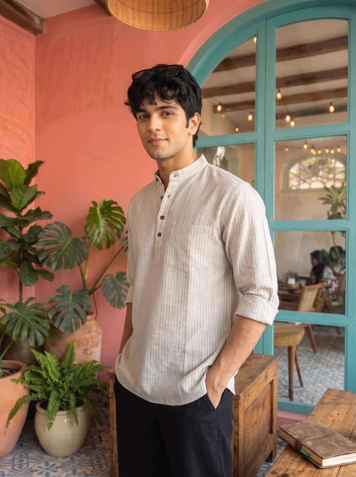 Ivory Denim Line Textured Short Kurta