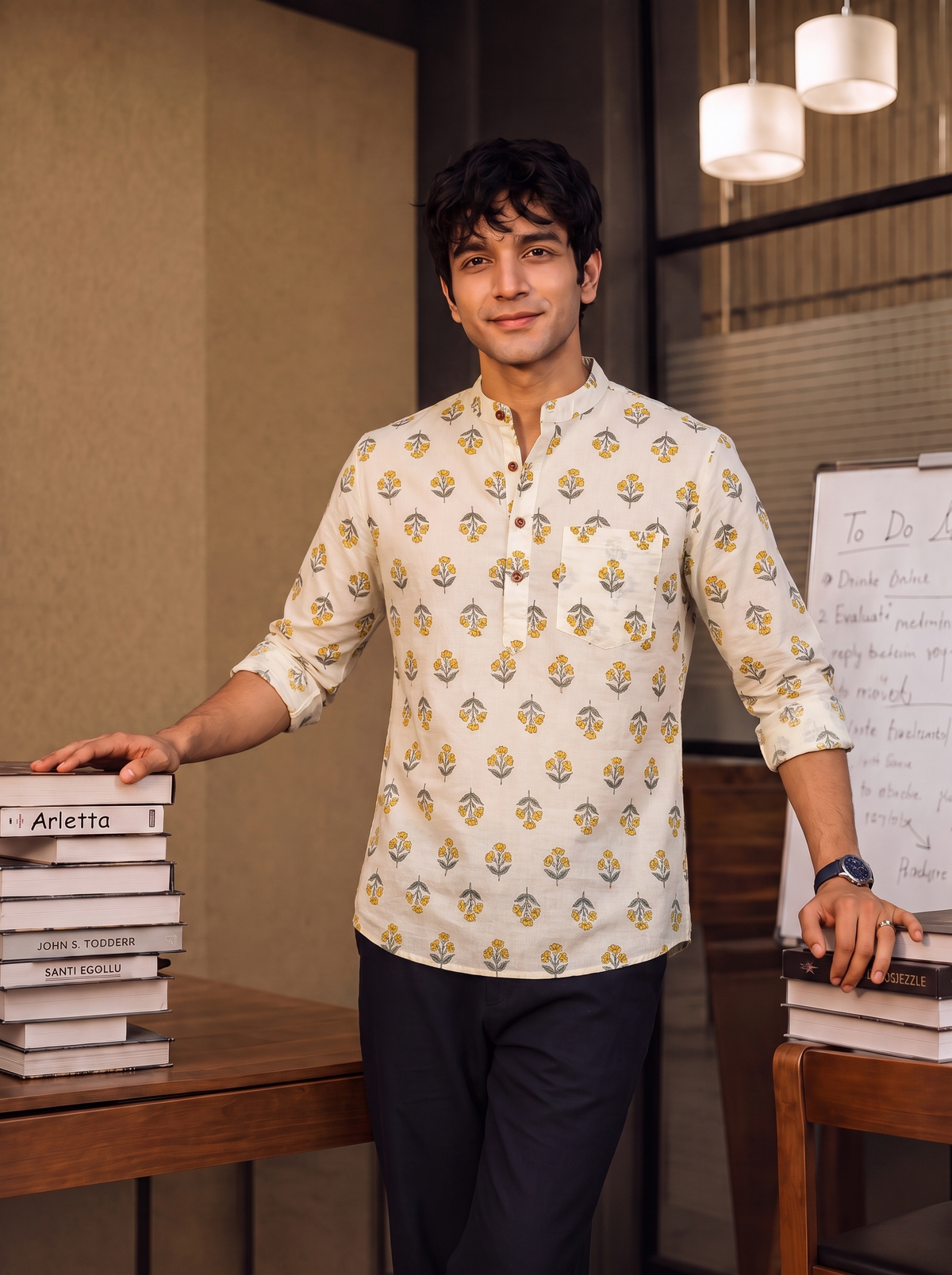 Golden Blossom – Printed Cotton Short Kurta