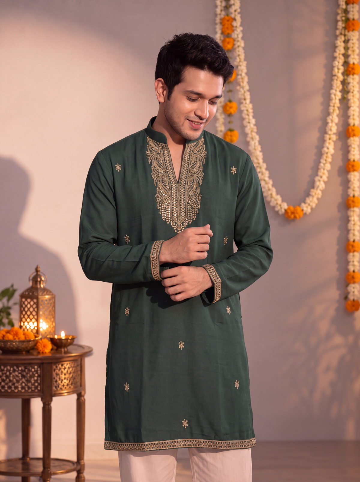 Dark Green Zari Work – Textured Designer Long Kurta