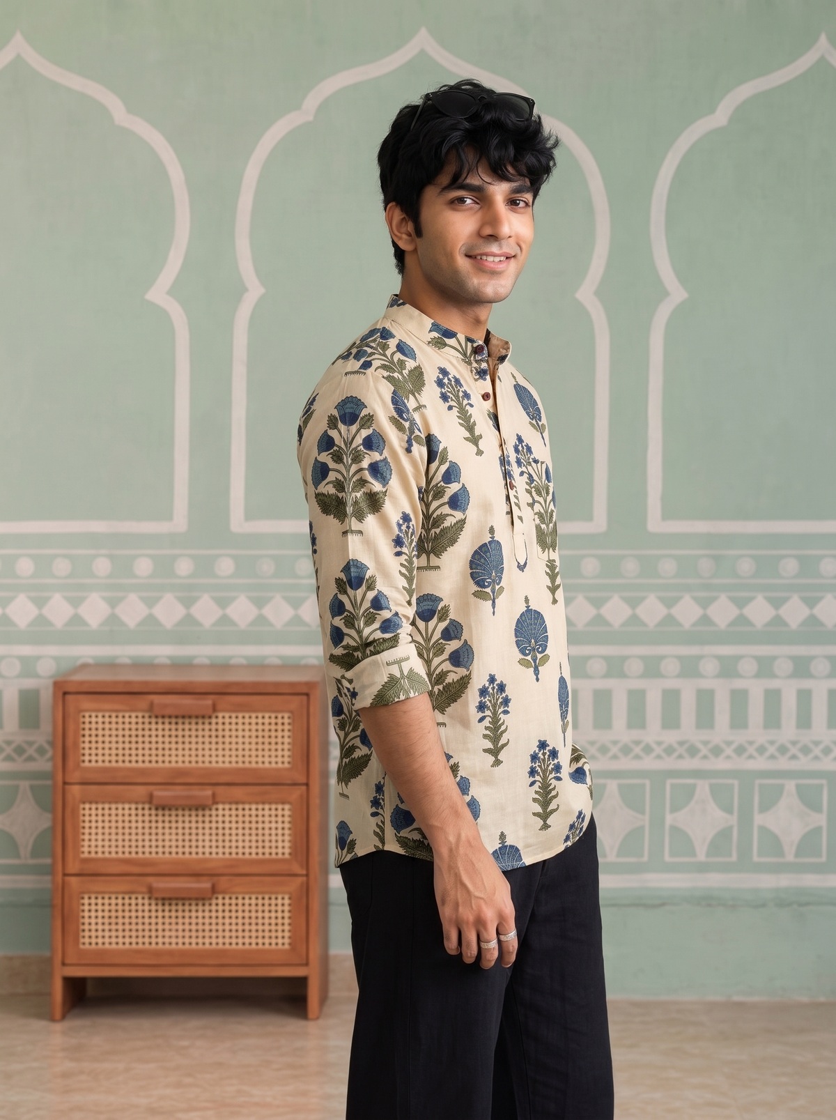 Blue Blossom – Printed Cotton Short Kurta