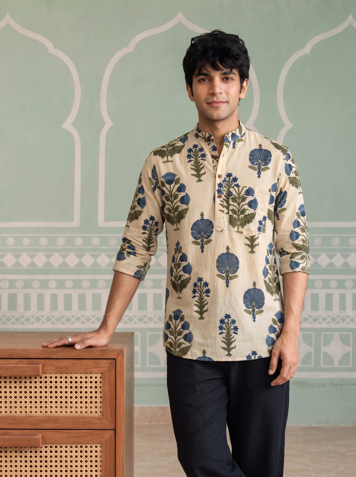 Blue Blossom – Printed Cotton Short Kurta