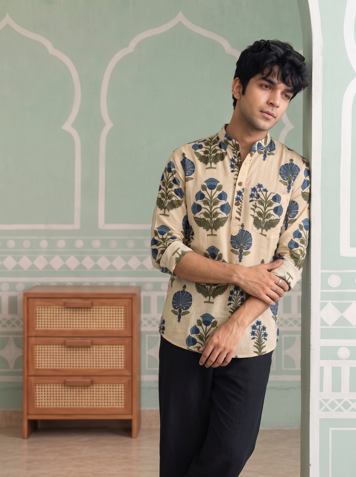 Blue Blossom – Printed Cotton Short Kurta