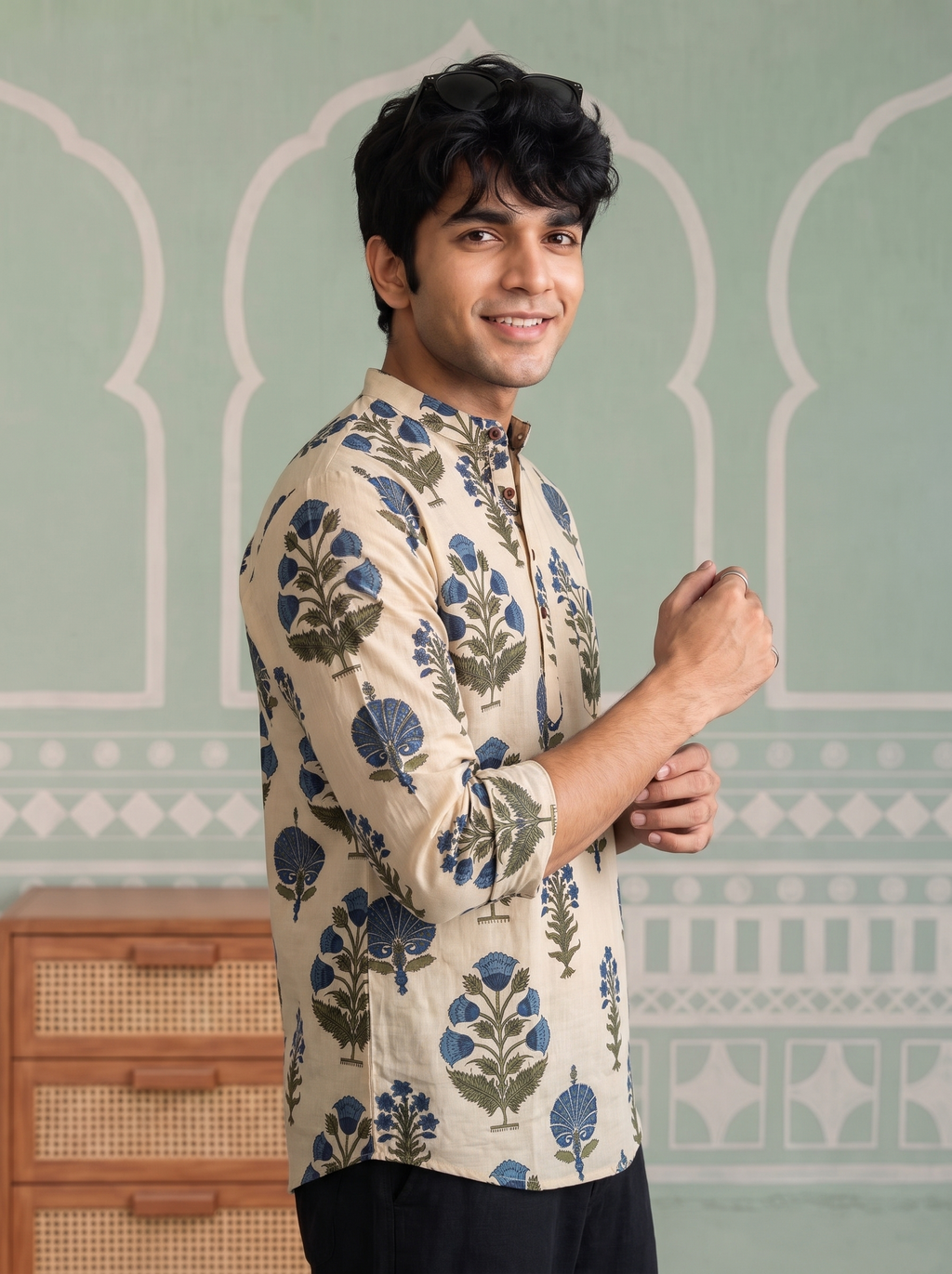Blue Blossom – Printed Cotton Short Kurta