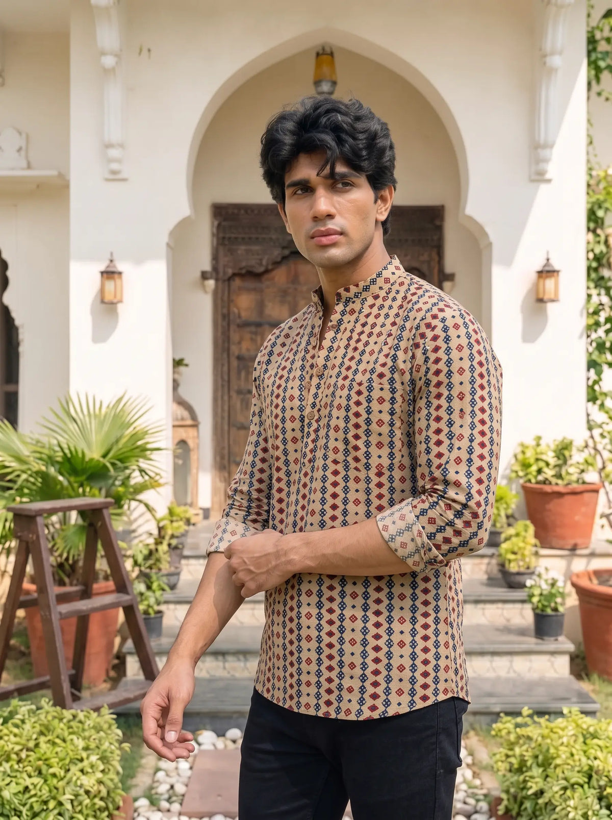 Desert Bloom – Men's Printed Cotton Short Kurta