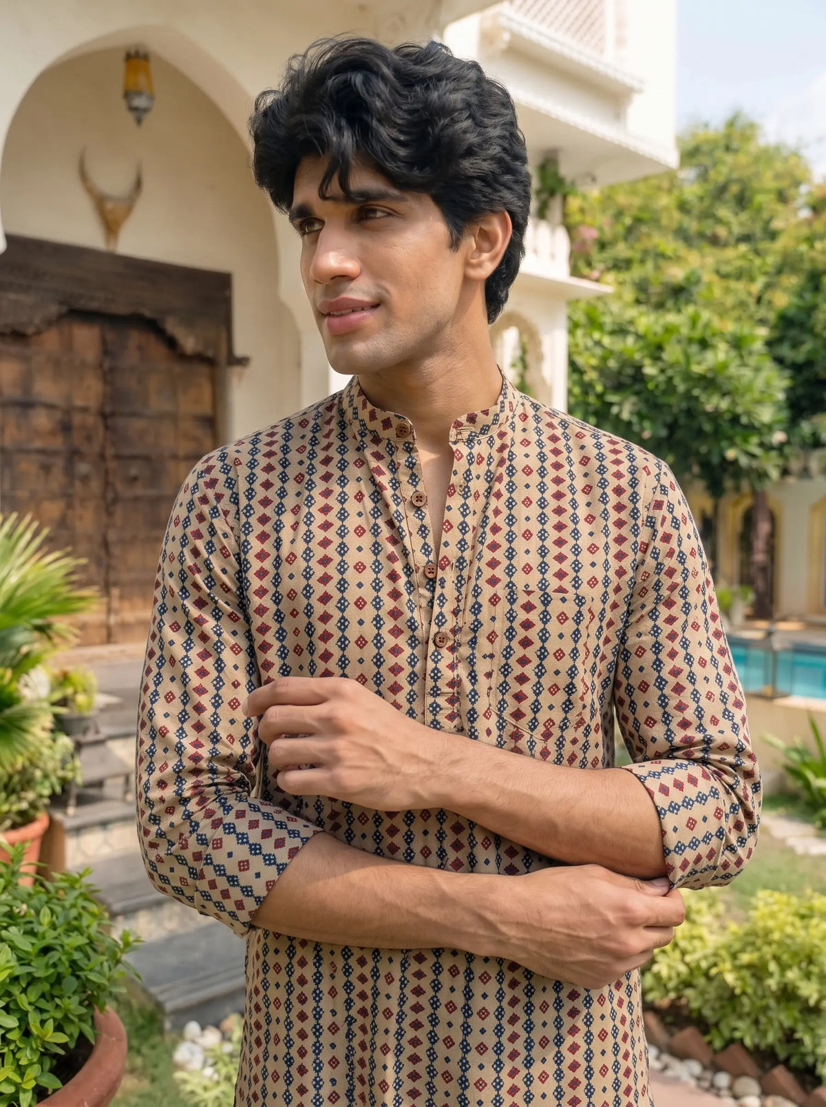 Desert Bloom – Men's Printed Cotton Short Kurta