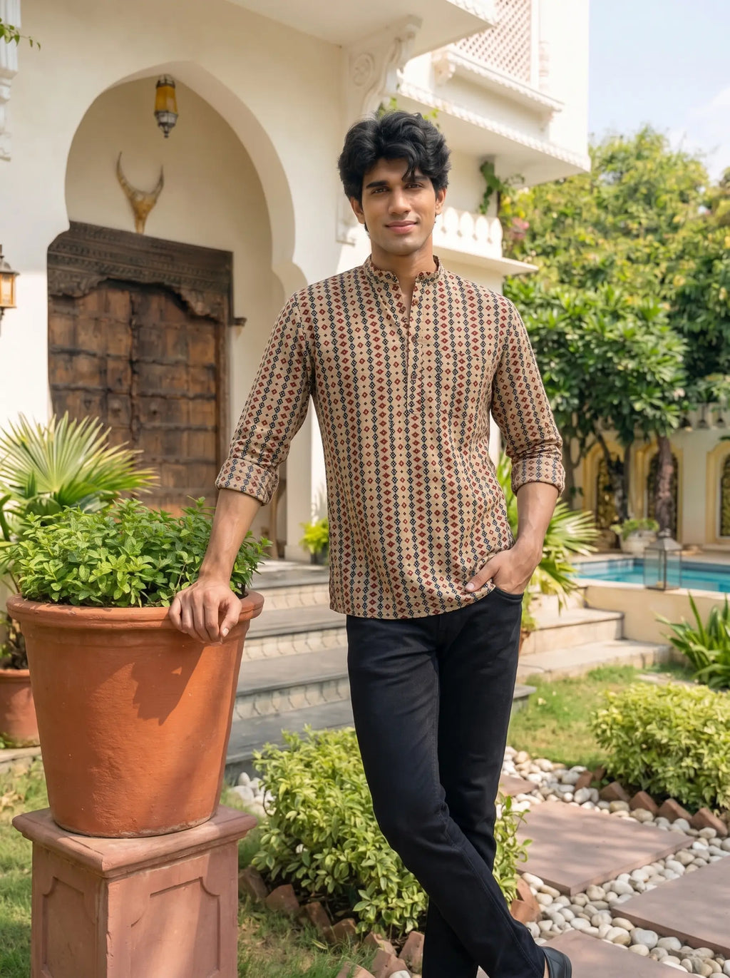 Desert Bloom – Men's Printed Cotton Short Kurta