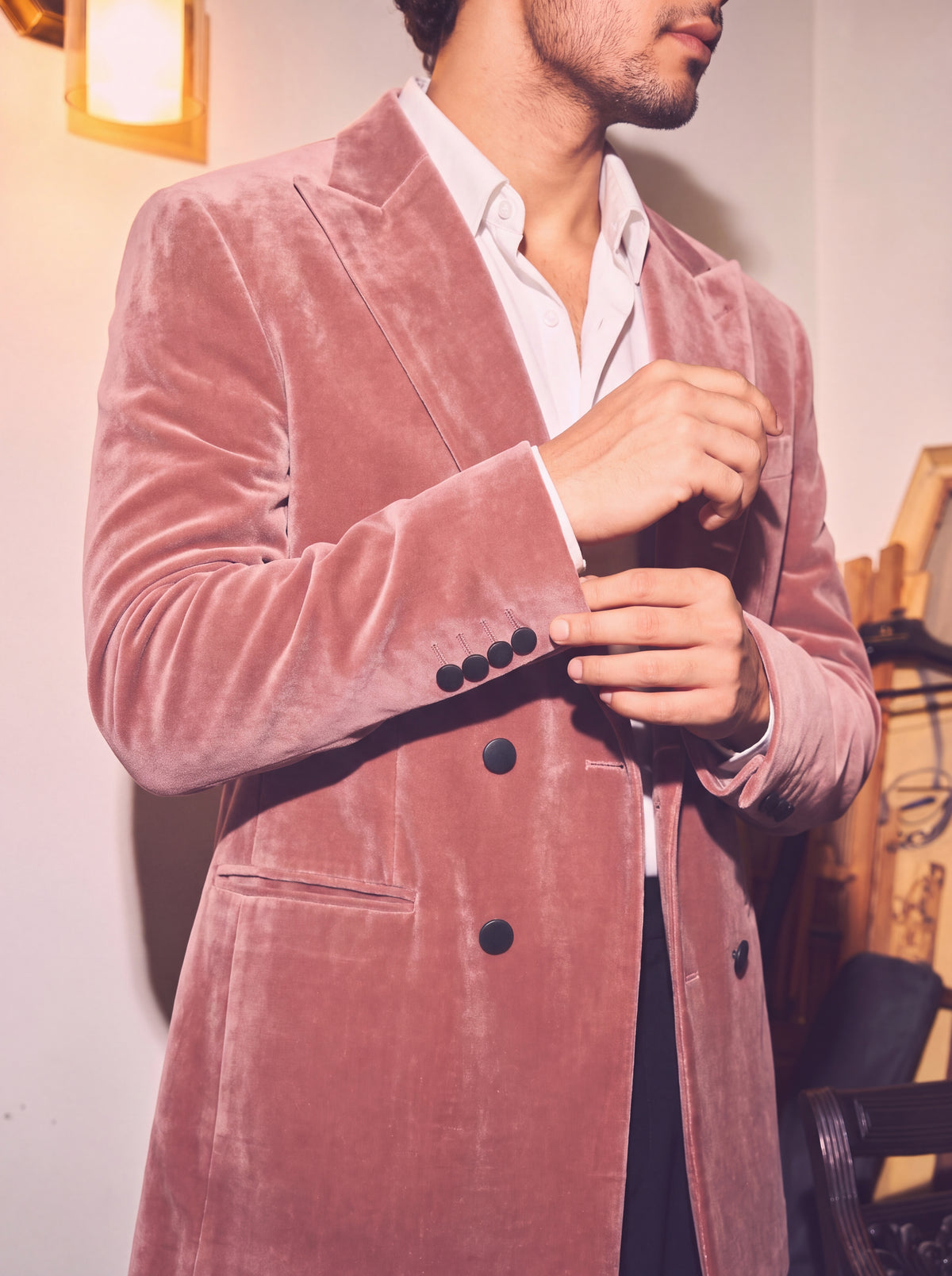 Dusty Rose Pink Velvet Double Breasted Blazer for Men