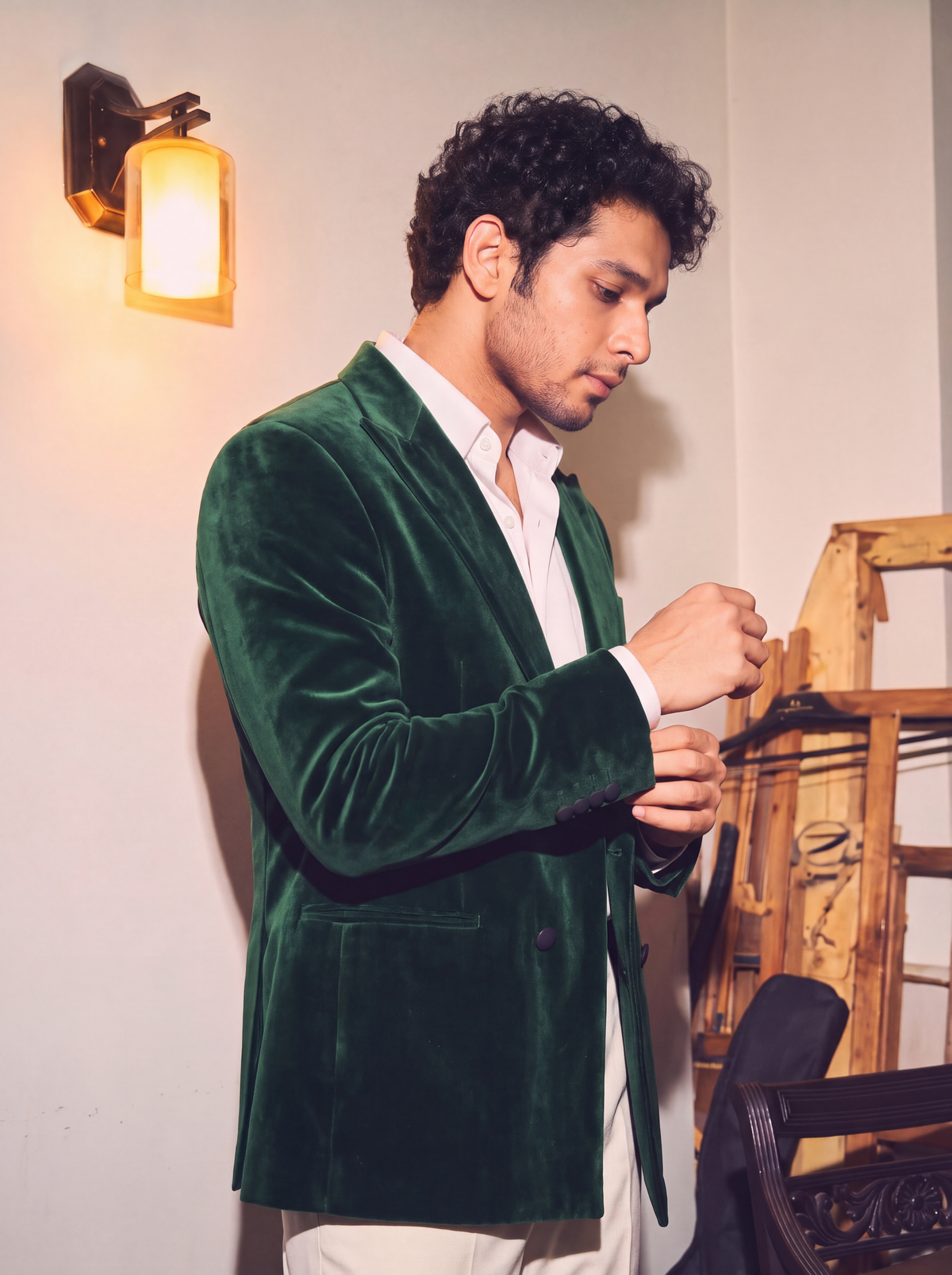Emerald Green Velvet Double Breasted Blazer for Men