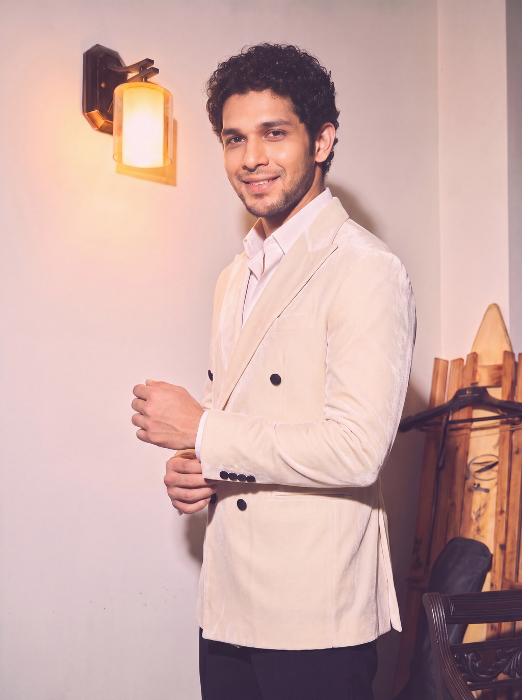 Ivory White Velvet Double Breasted Blazer for Men