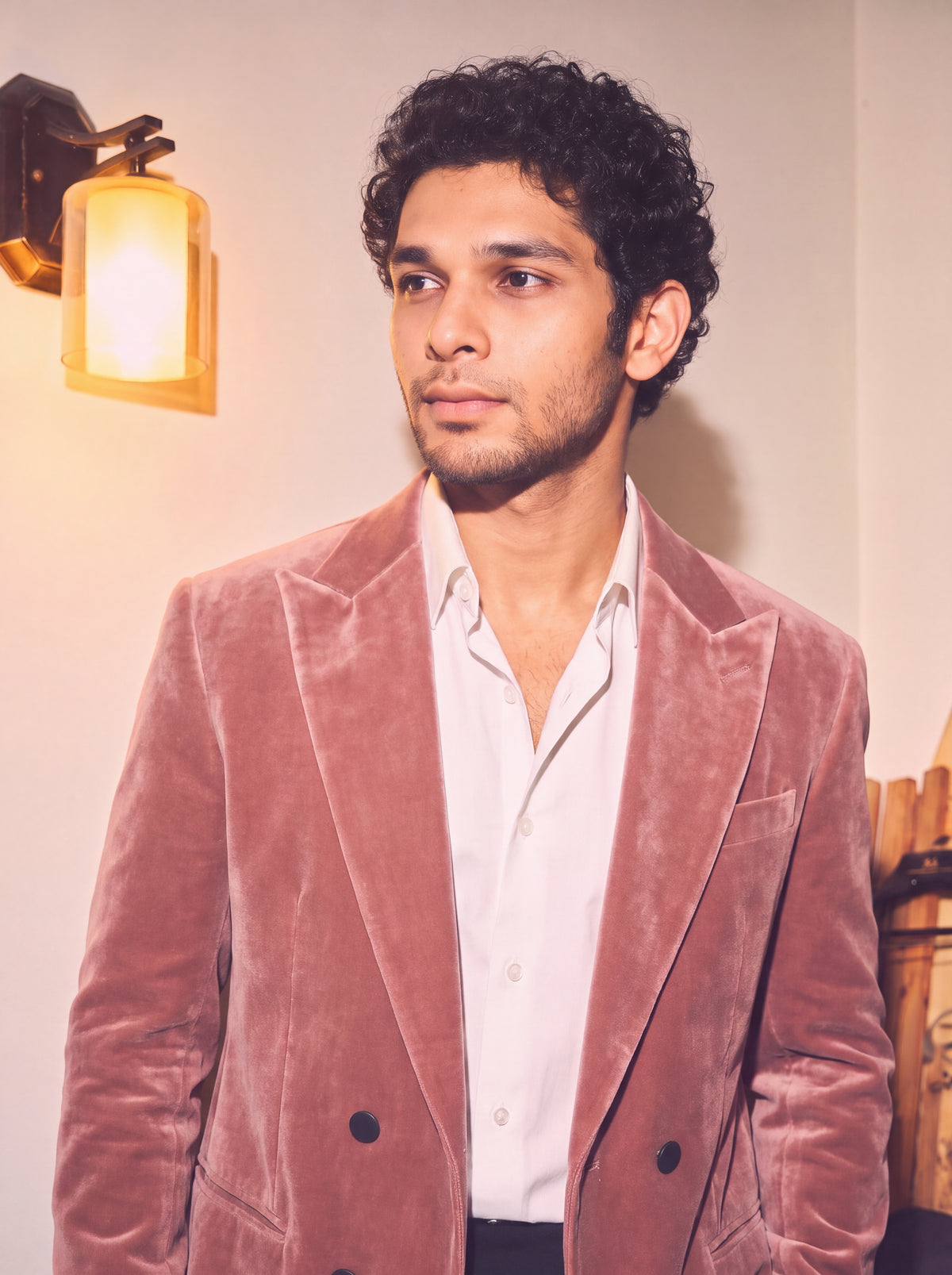 Dusty Rose Pink Velvet Double Breasted Blazer for Men