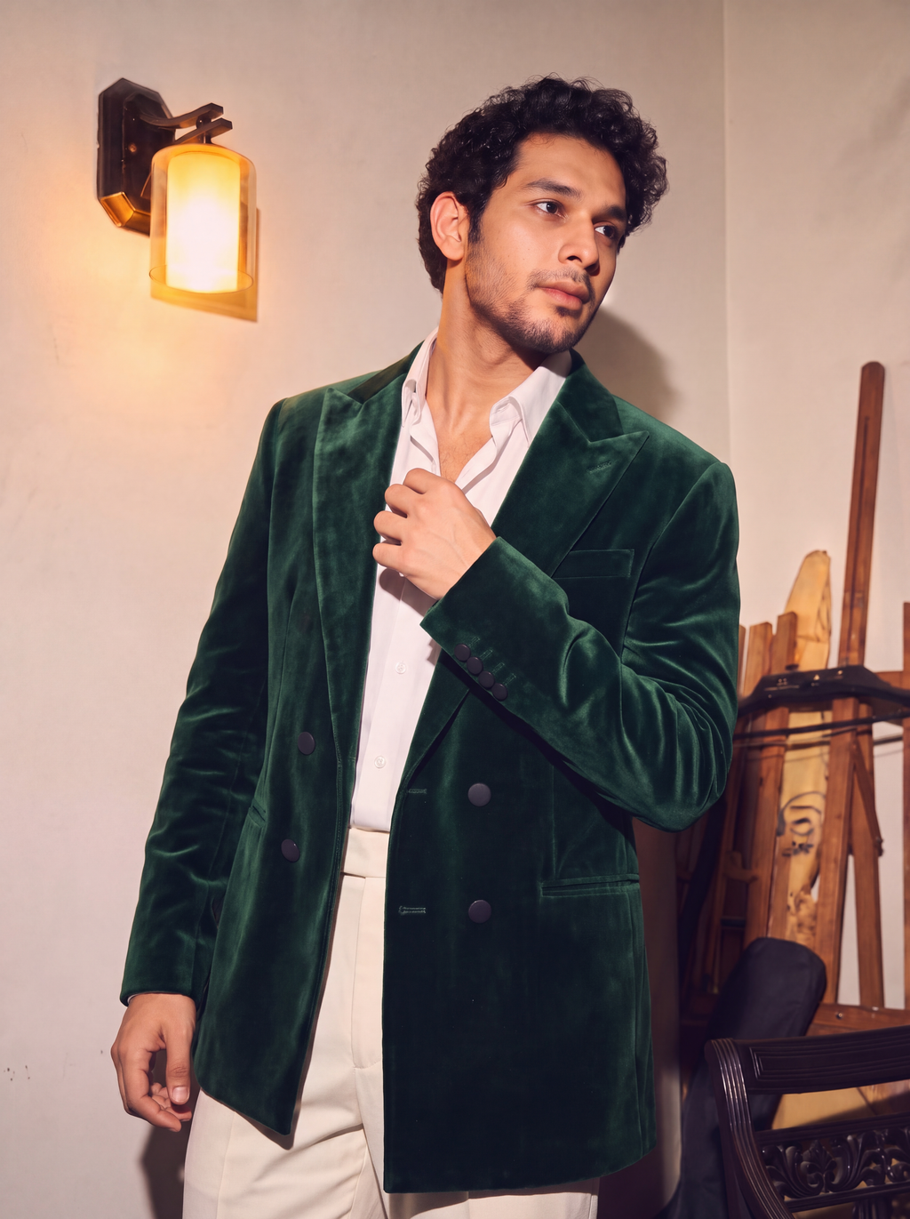 Emerald Green Velvet Double Breasted Blazer for Men