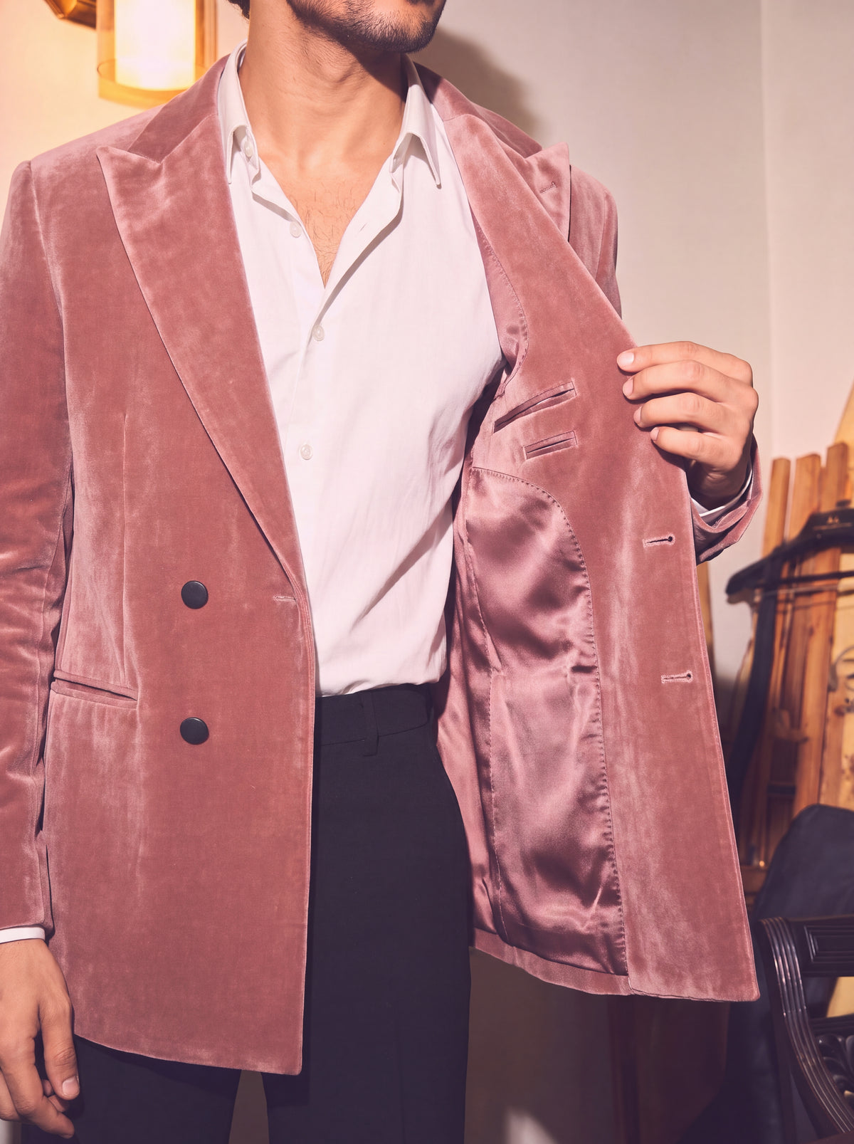 Dusty Rose Pink Velvet Double Breasted Blazer for Men