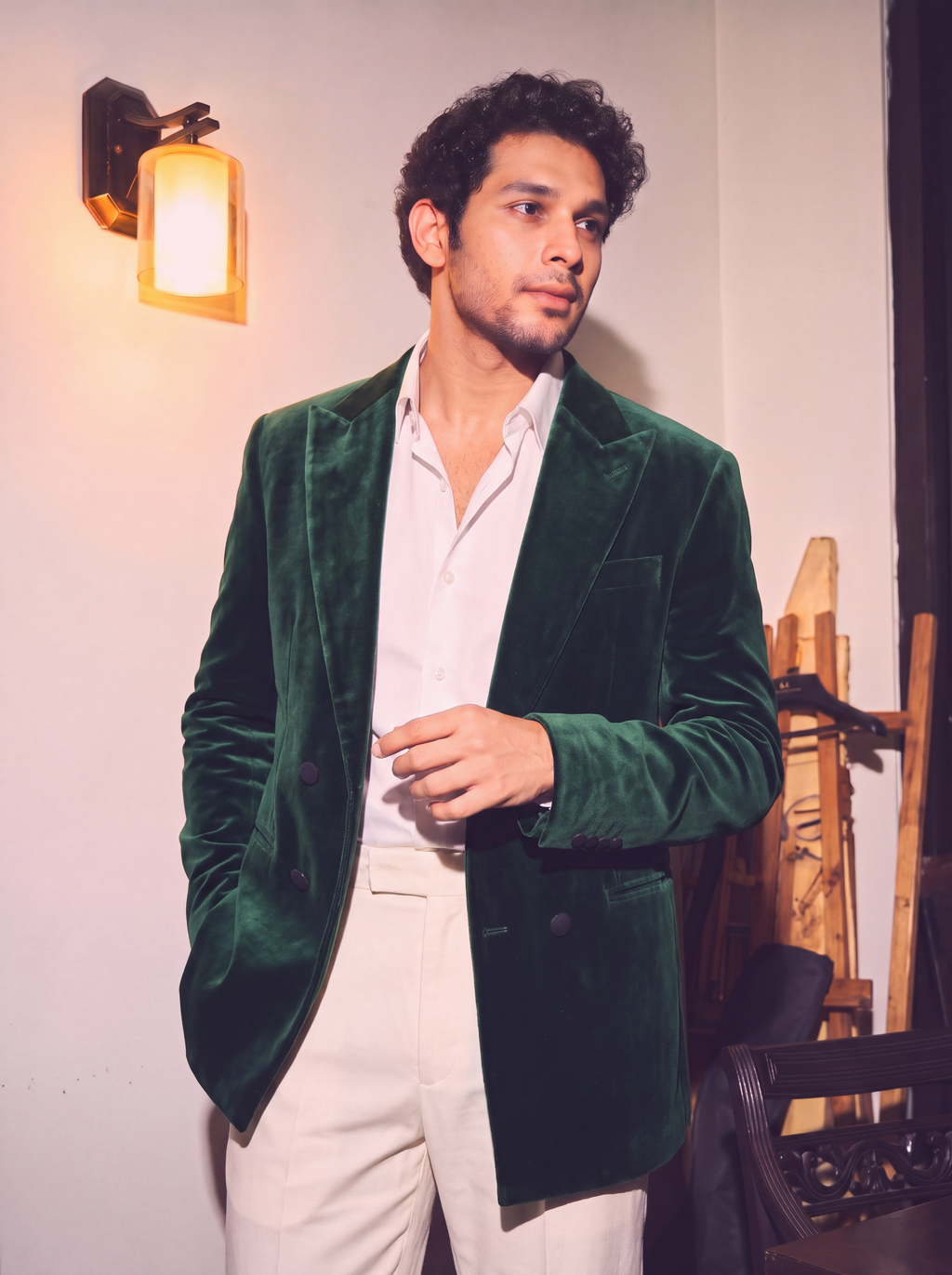 Emerald Green Velvet Double Breasted Blazer for Men
