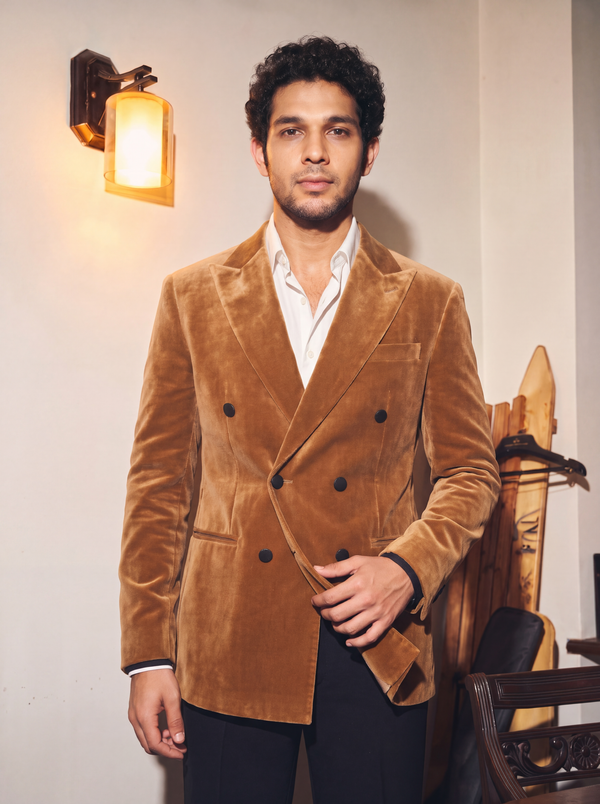 Camel Brown Velvet Double Breasted Blazer for Men