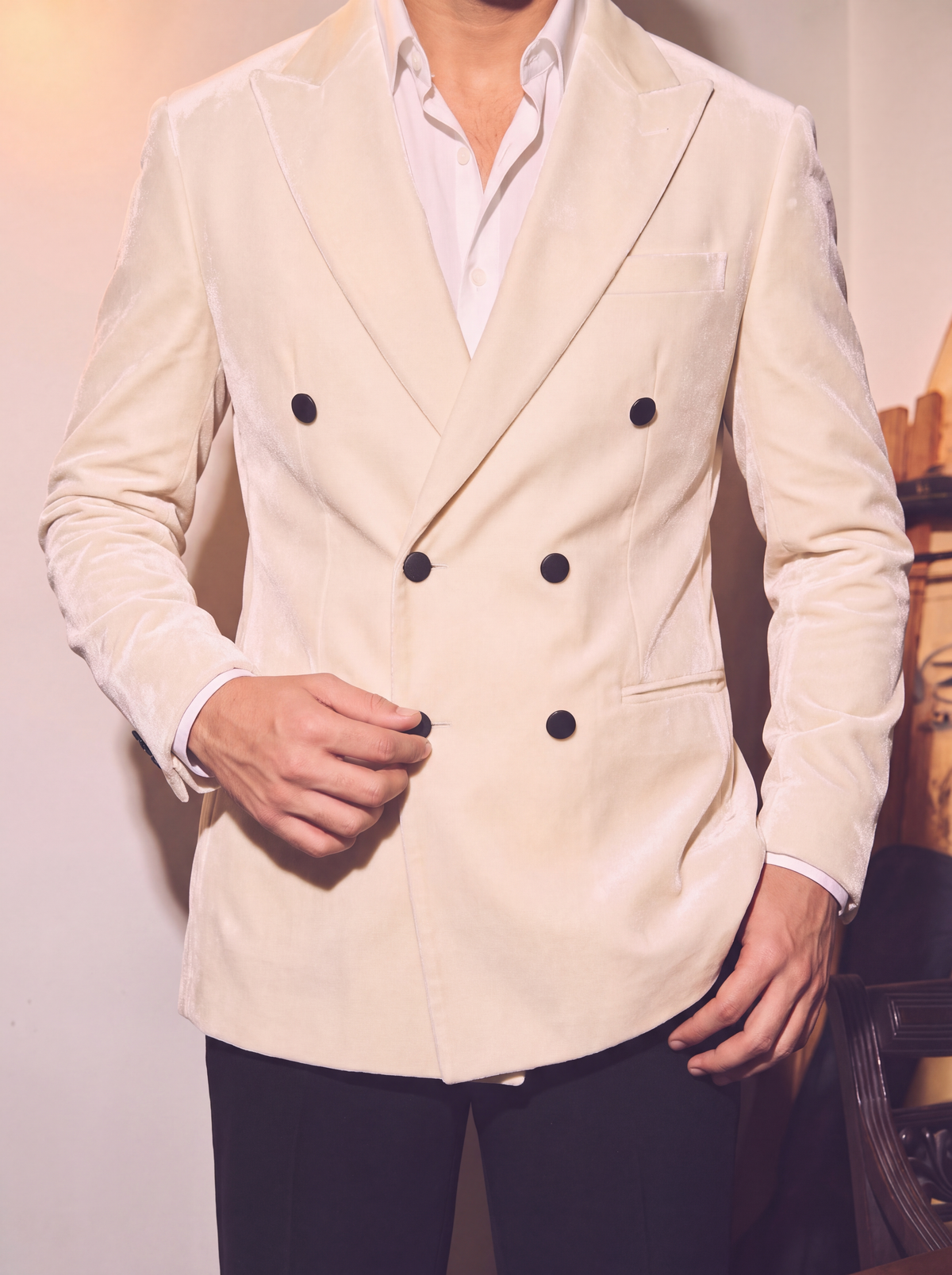 Ivory White Velvet Double Breasted Blazer for Men