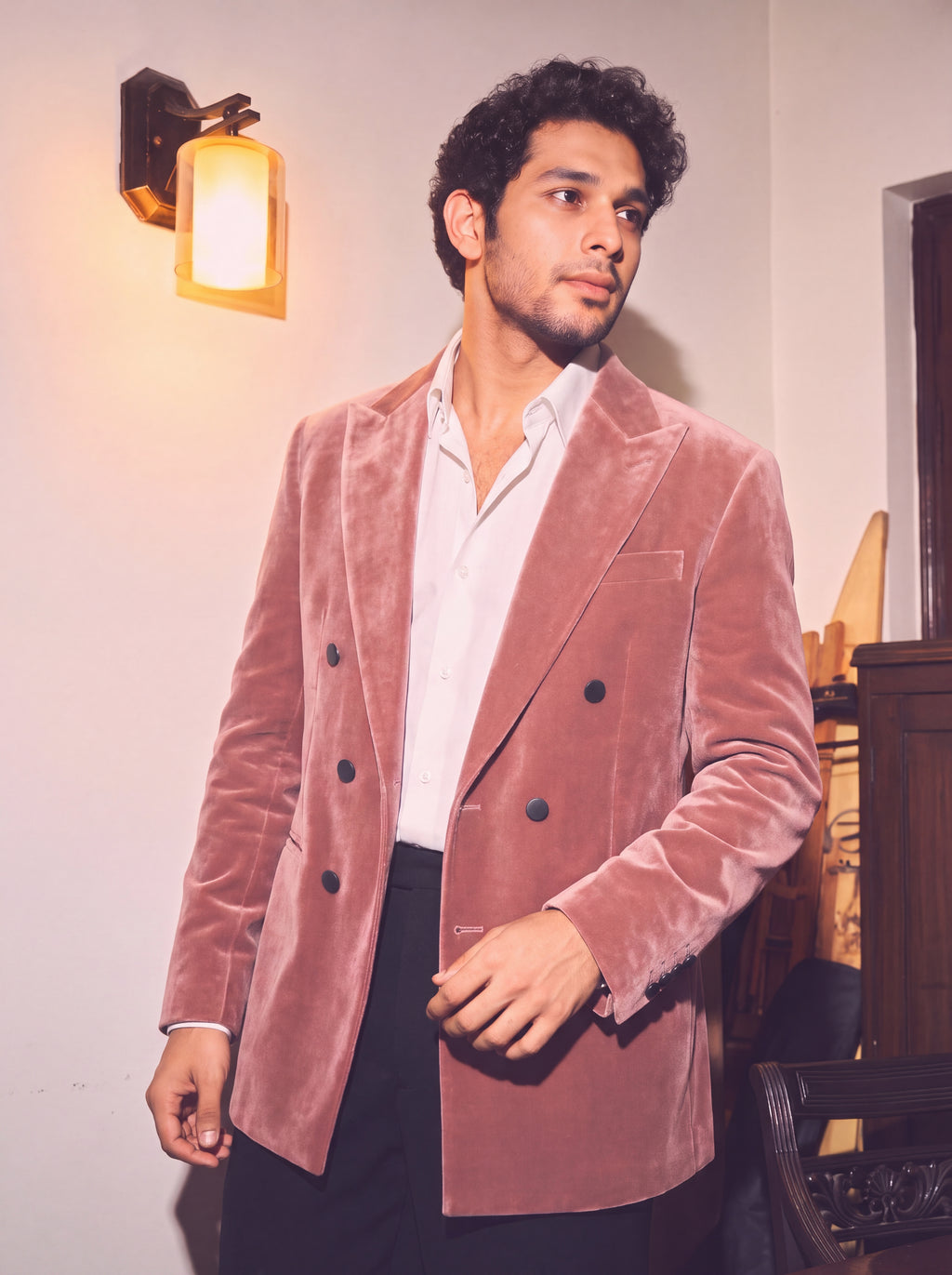 Dusty Rose Pink Velvet Double Breasted Blazer for Men