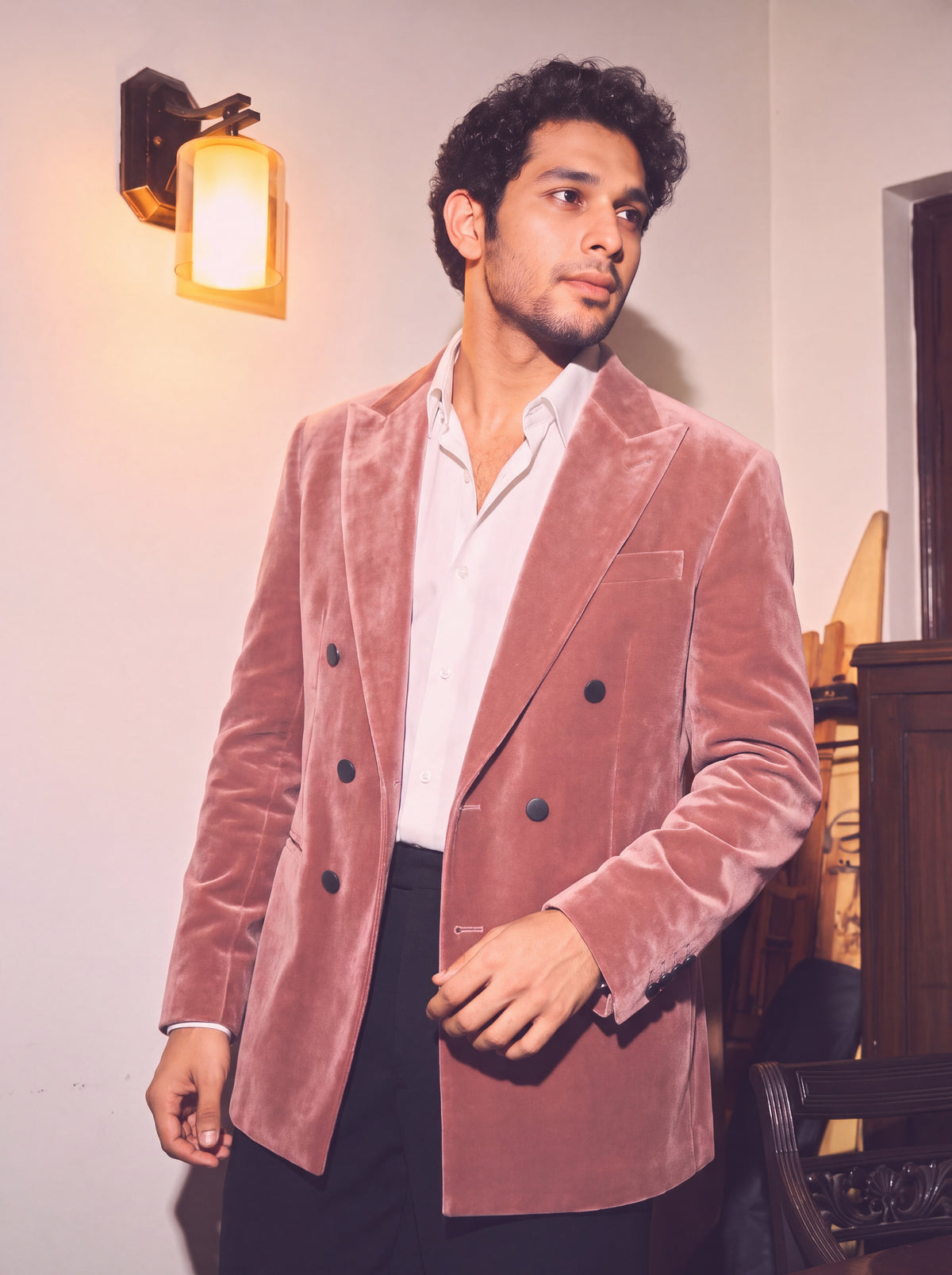 Dusty Rose Pink Velvet Double Breasted Blazer for Men