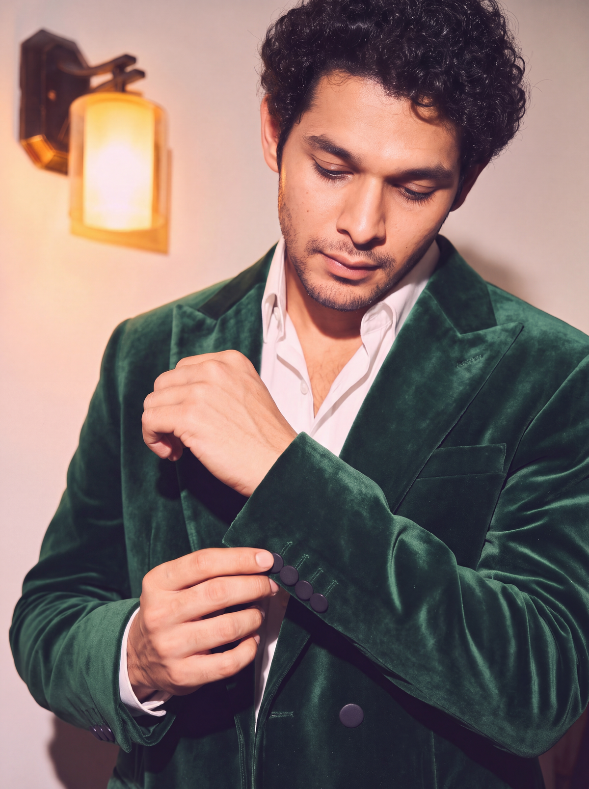 Emerald Green Velvet Double Breasted Blazer for Men