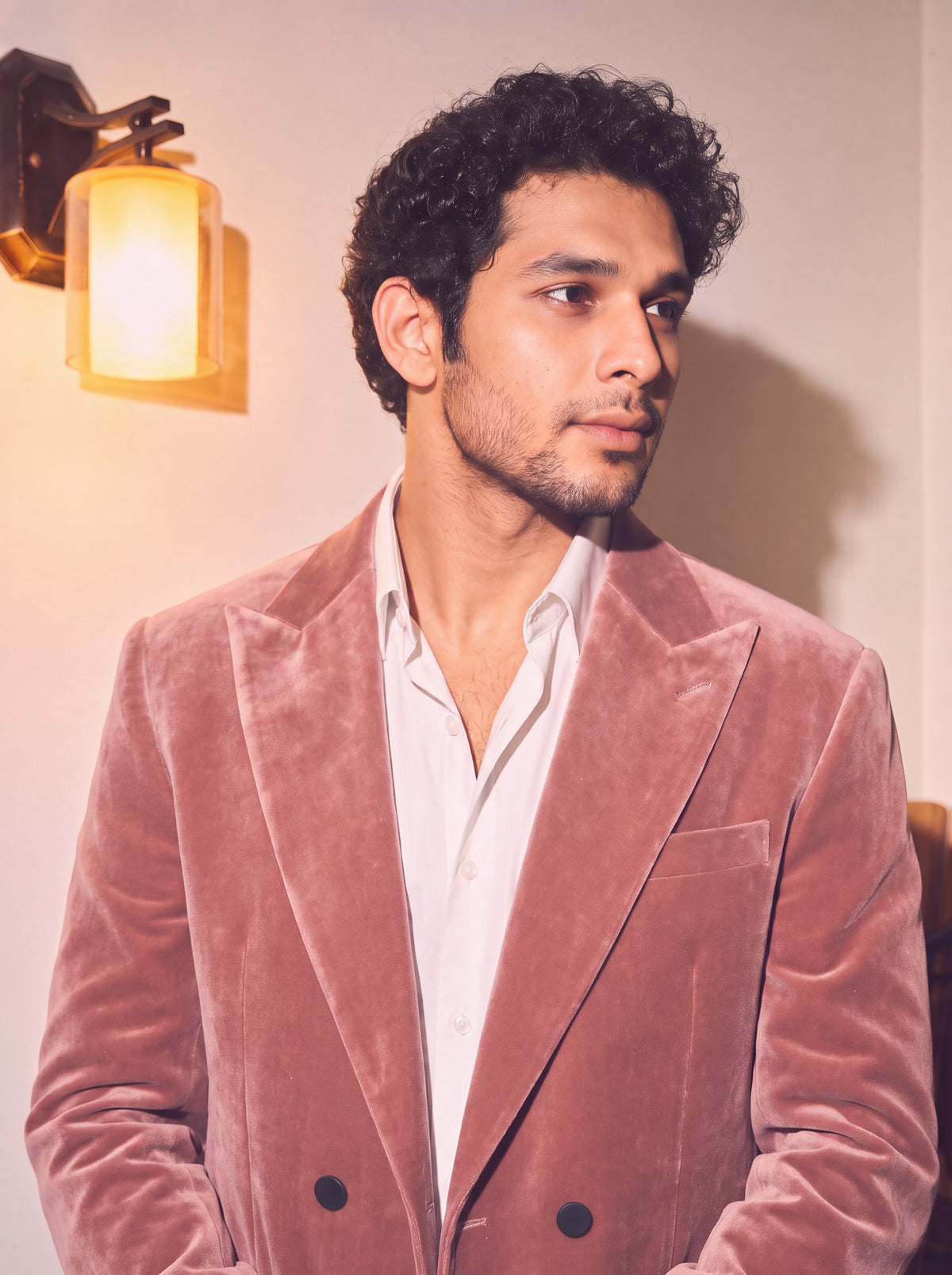 Dusty Rose Pink Velvet Double Breasted Blazer for Men