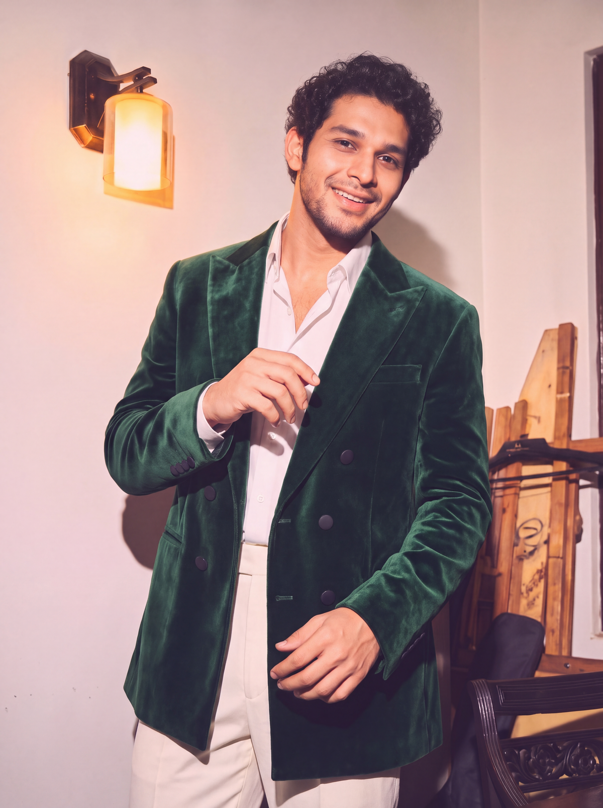 Emerald Green Velvet Double Breasted Blazer for Men